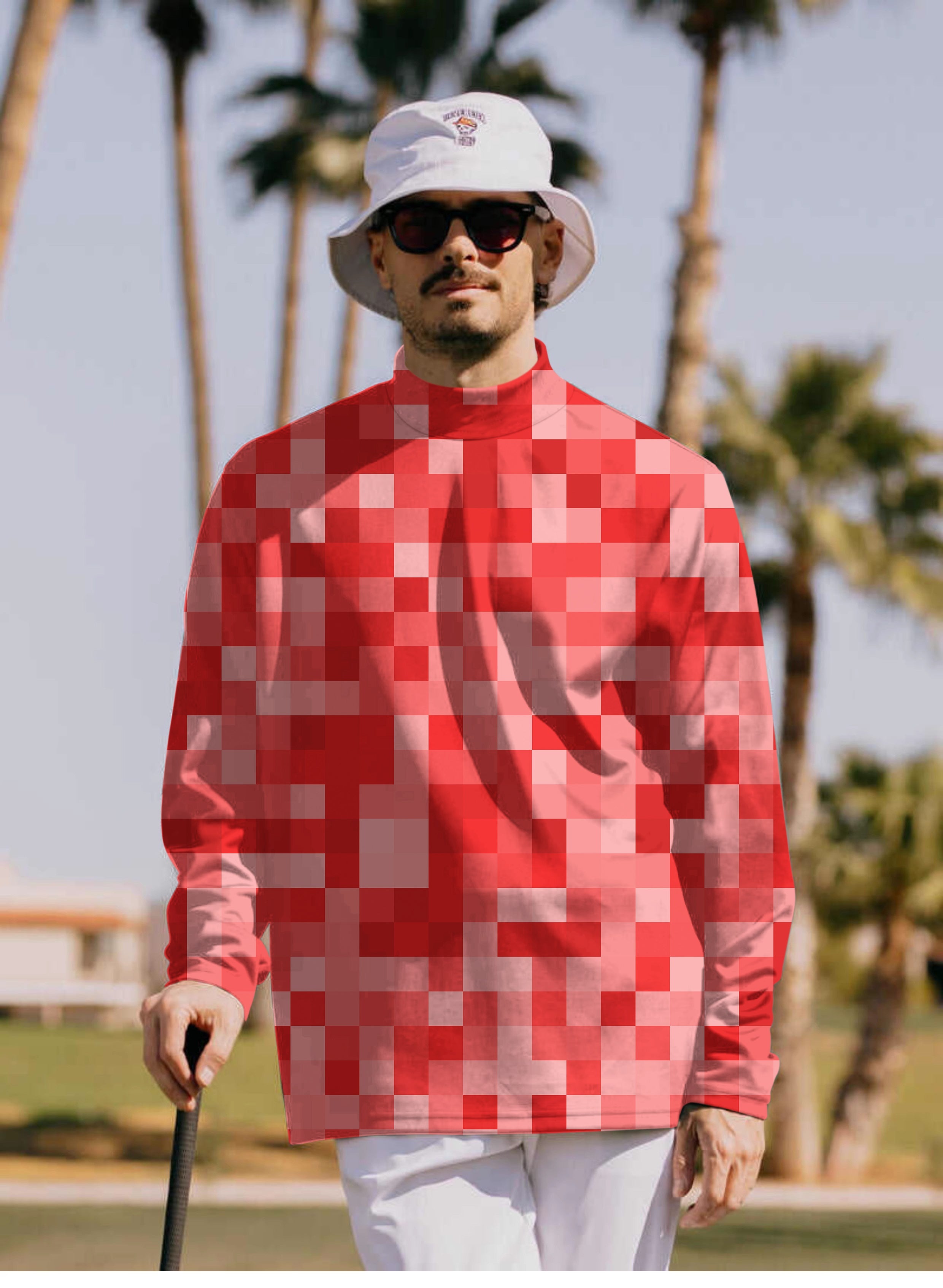 Men's Red Pixel Big Pullover high neck long sleeve t-shirt worn outdoors with golf club