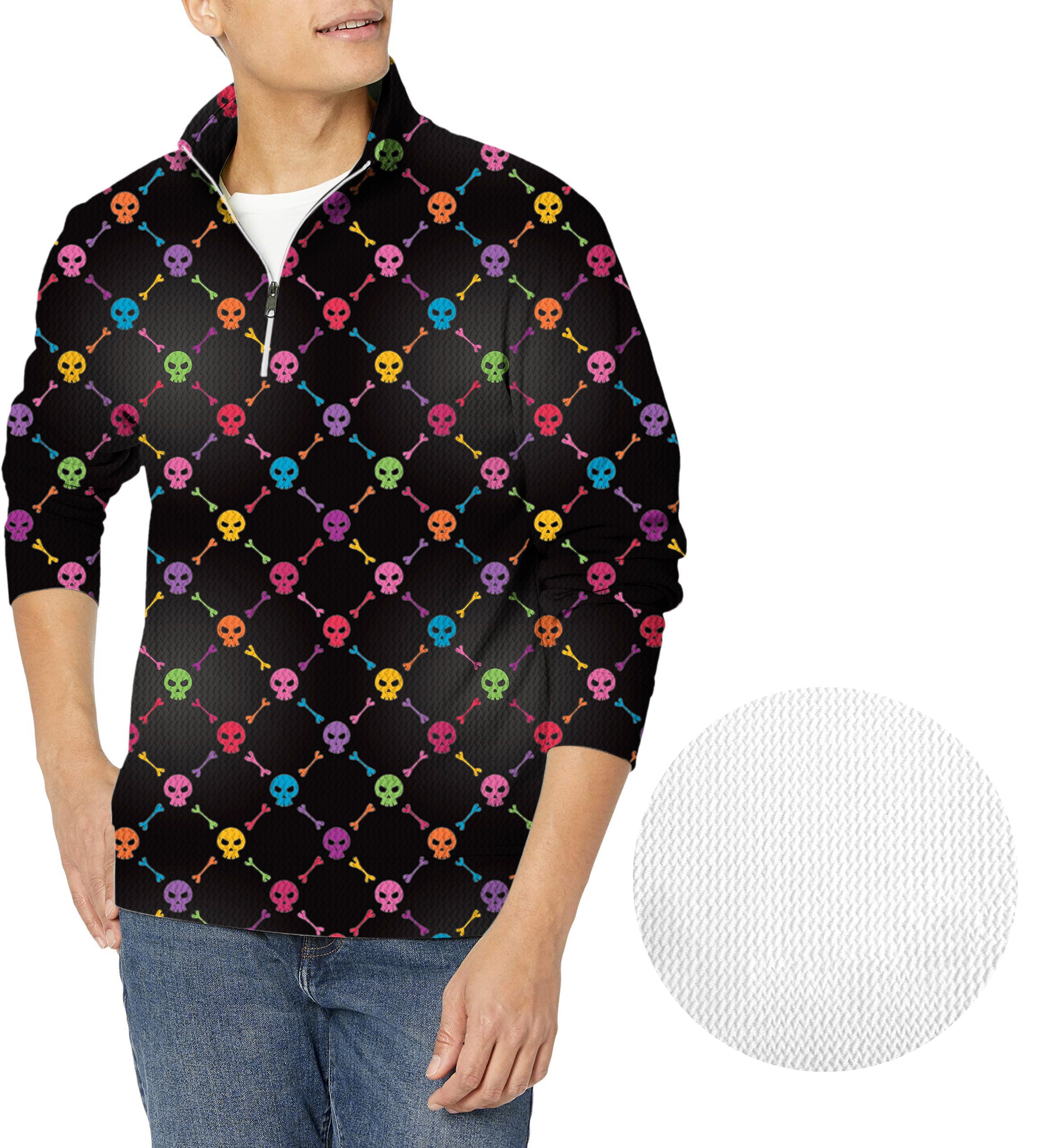 Men's golf pullover with Halloween colors skull bones pattern and waffle texture zipper top