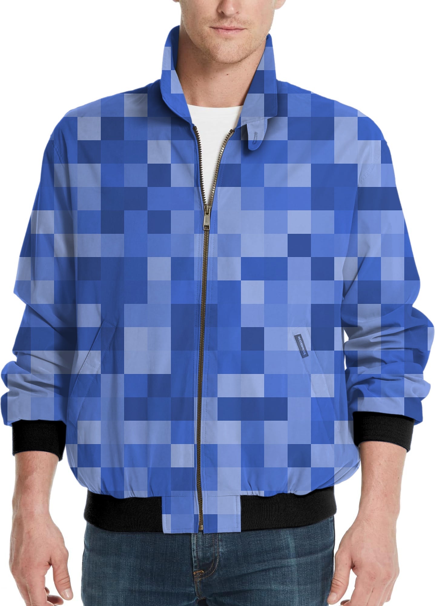 Navy blue pixelated men's golf windbreaker jacket with zipper and black cuffs