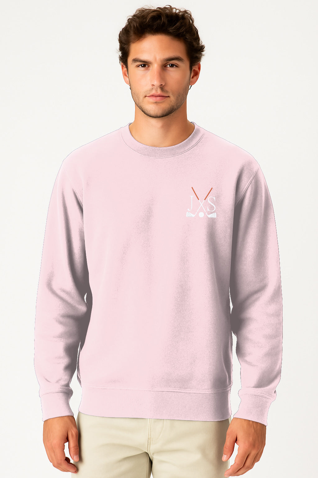 Plus size men's crew neck sweatshirt in solid pink with embroidery, rib knit cuffs, three-panel hood, and front pouch pocket.