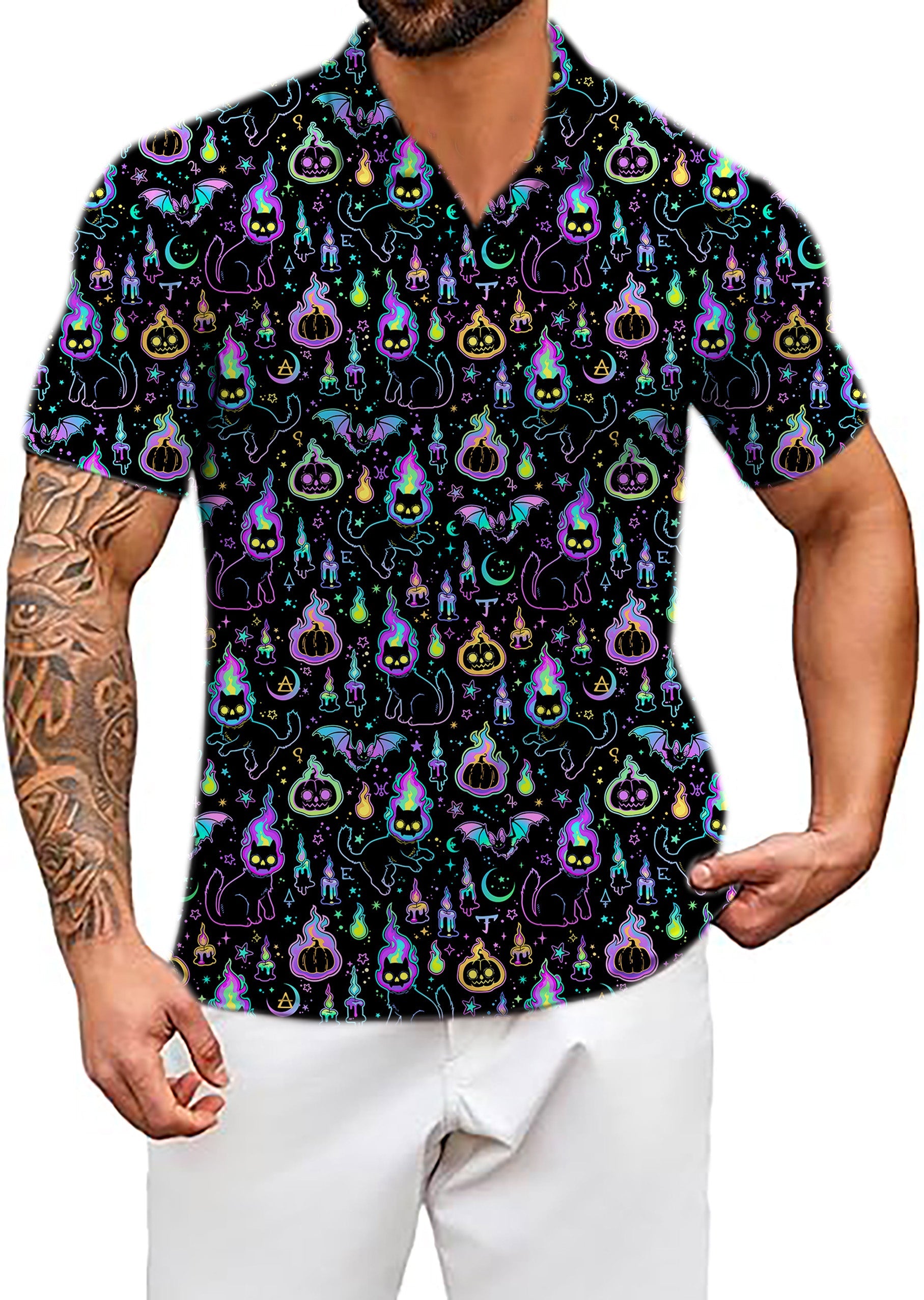 Men's Coconut Palm Halloween ghost pumpkin cat pattern V-neck golf polo shirt with moisture-wicking fabric and UPF 40+ protection