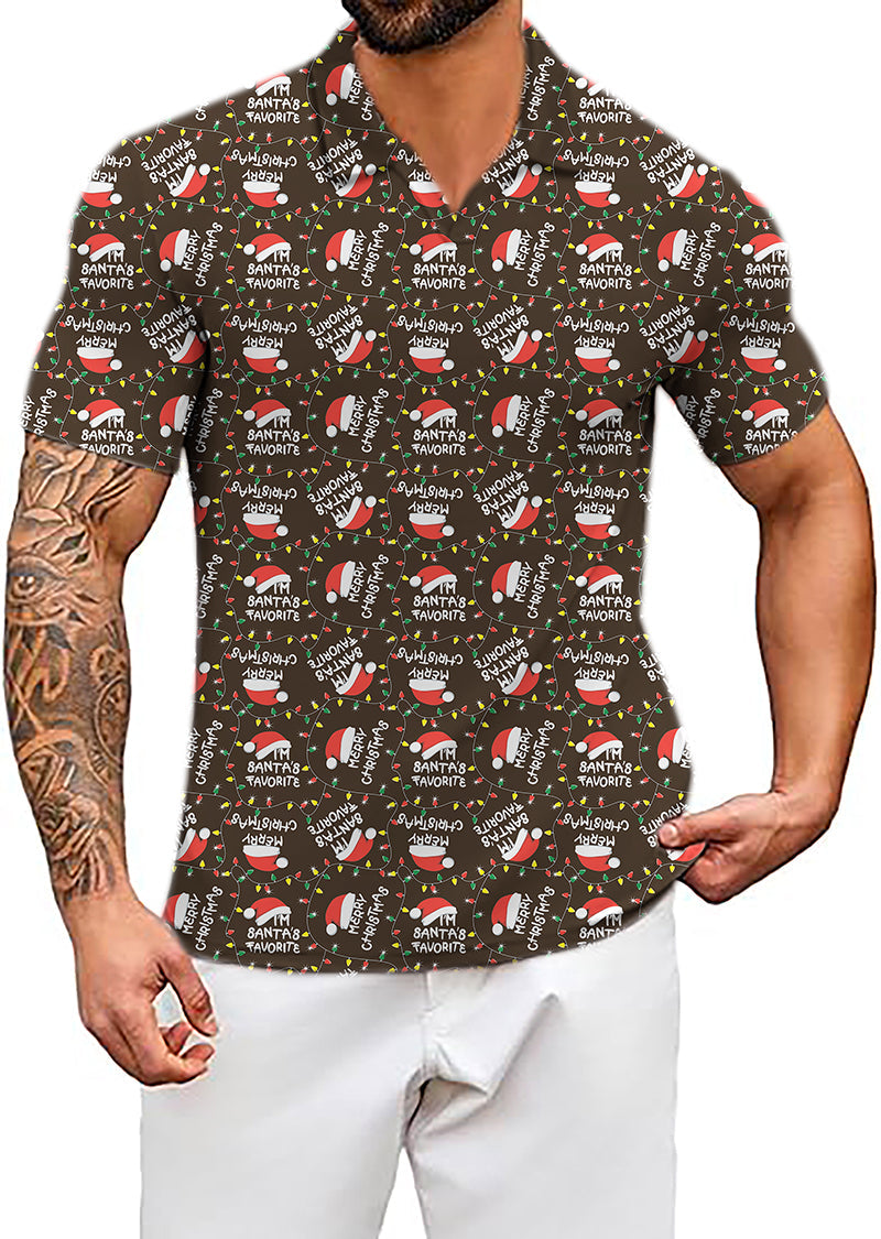 Men's Coconut Palm navy blue Christmas shirt with ink dot pattern and Santa design