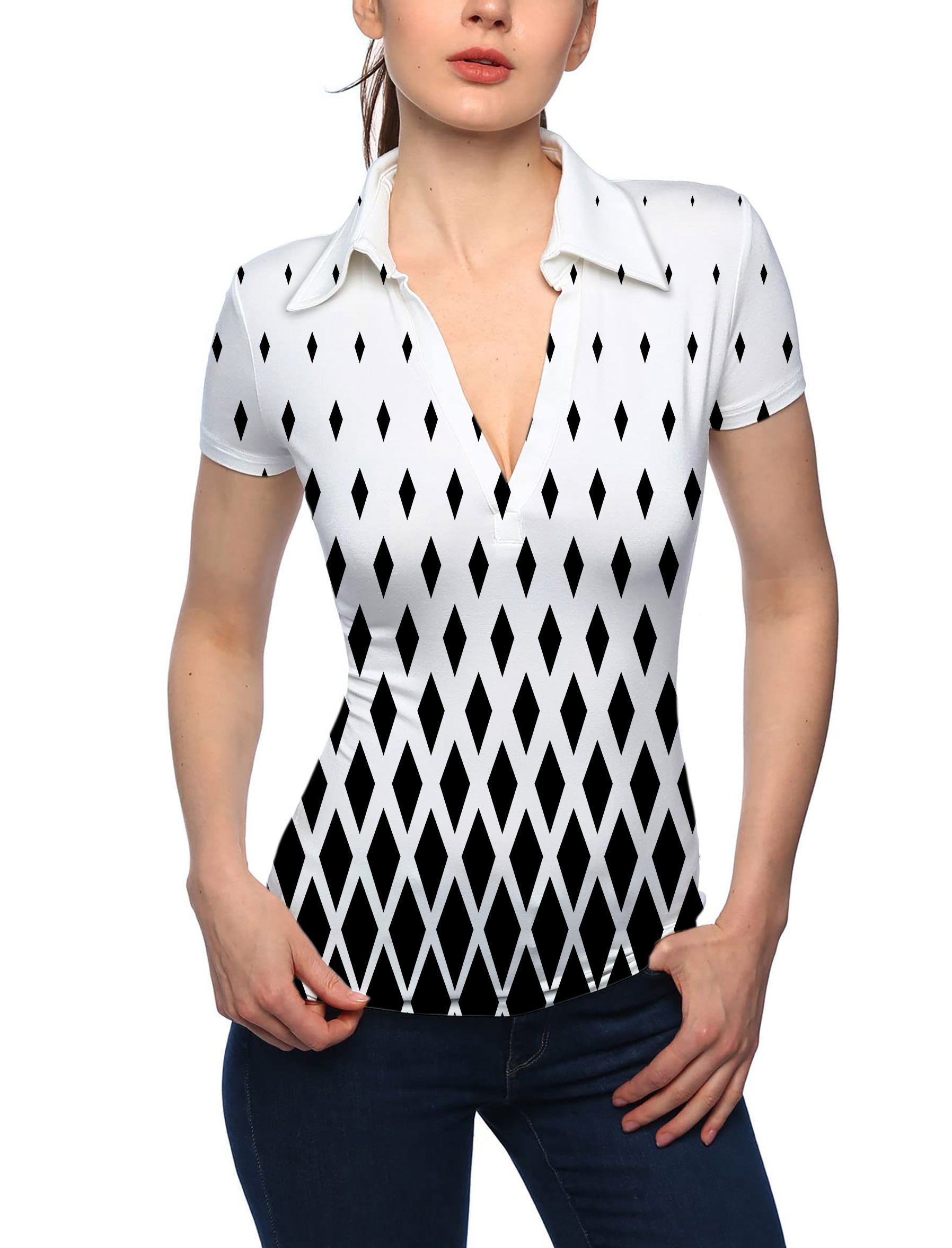 Women's White Black Gradient V Neck Golf Polo