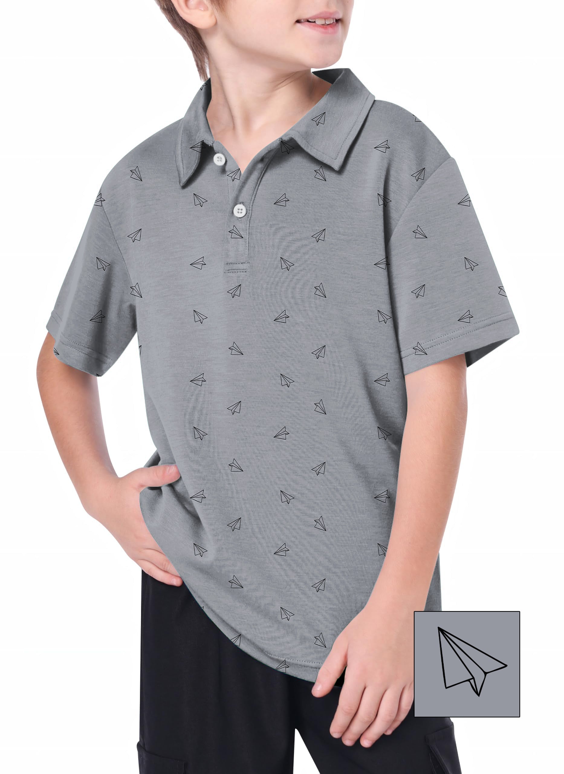 Youth golf polo with paper airplane print, gray background, moisture-wicking and UPF 40+ protection