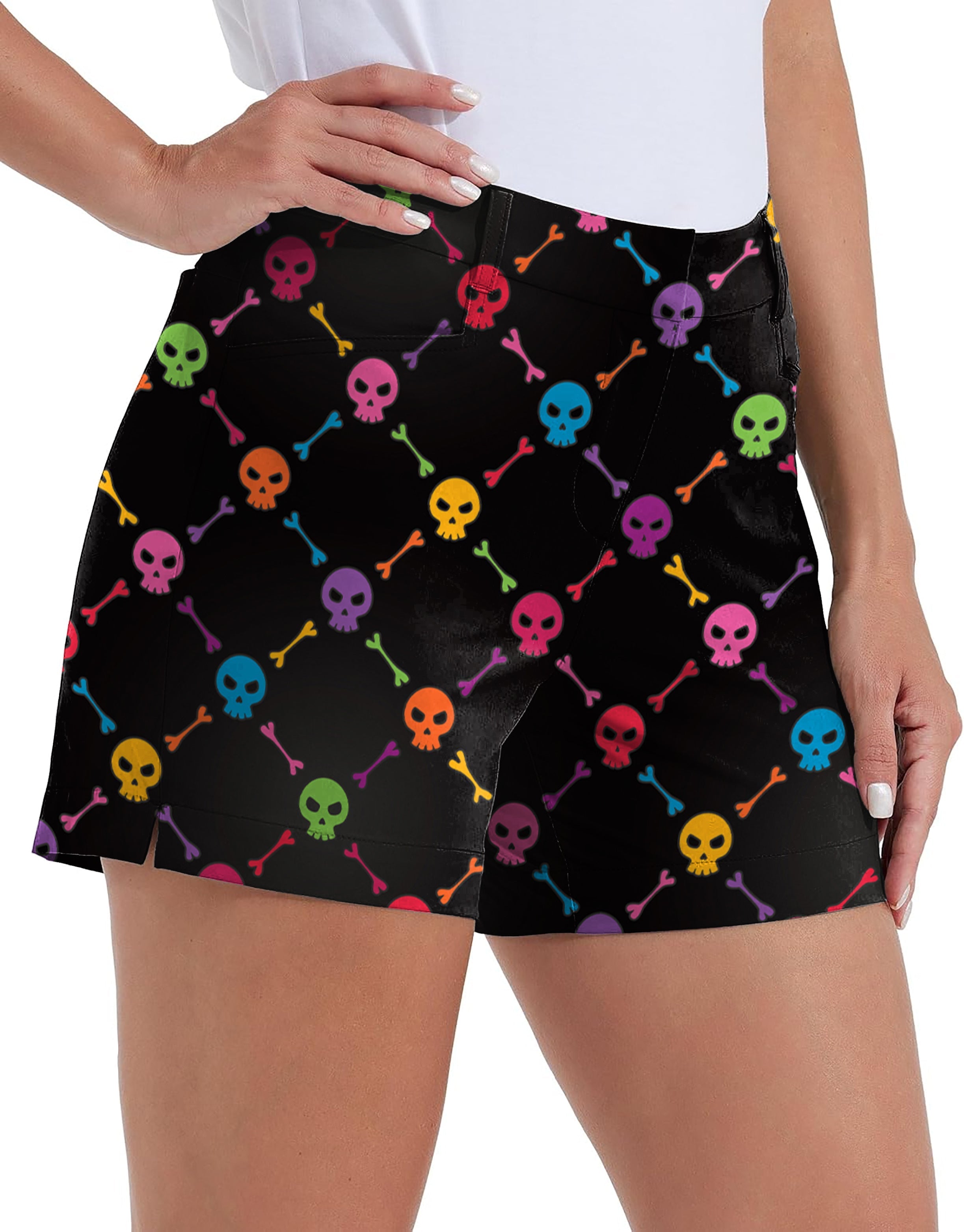 Women's quick-drying golf shorts with Halloween Colors Skull multicolor print and pockets