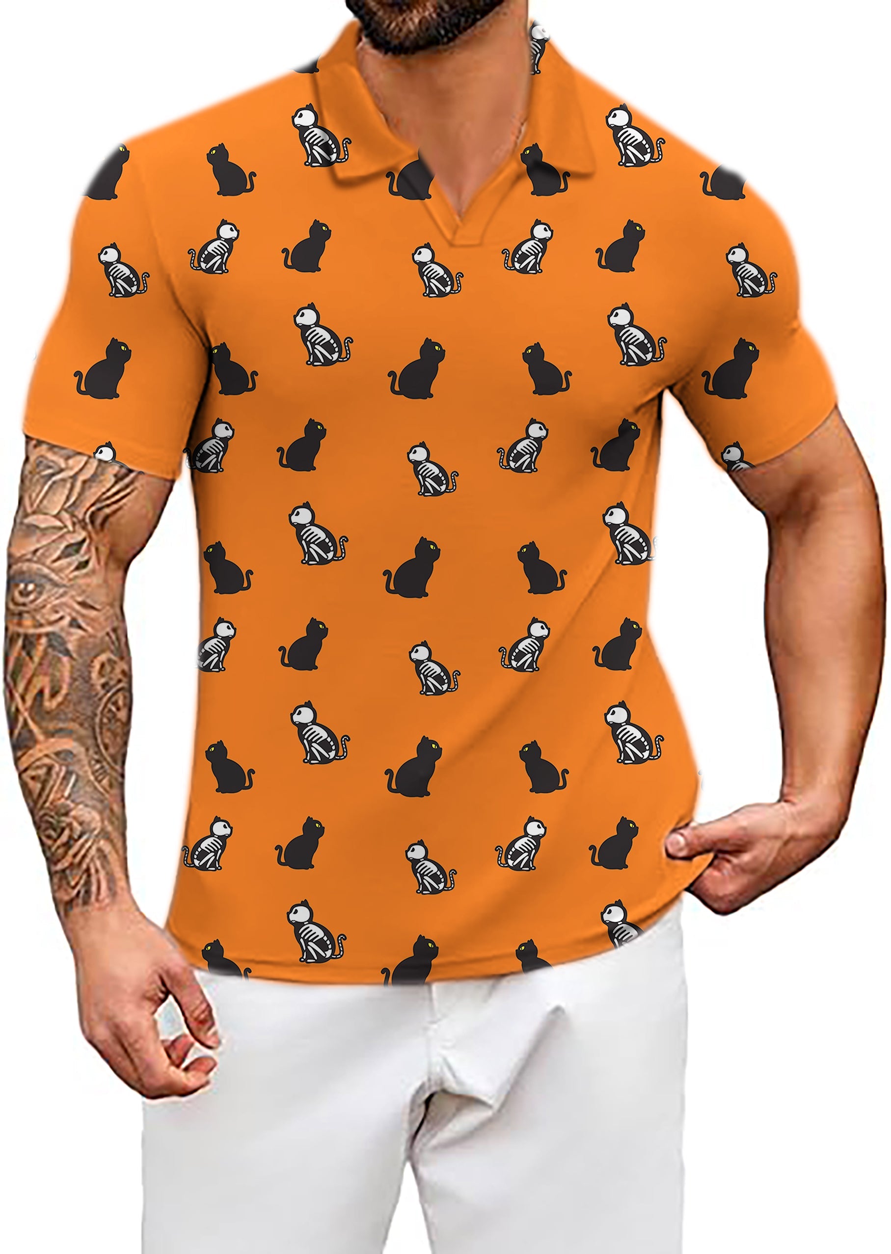 Men's Coconut Palm Halloween skull cat orange V neck golf polo shirt with custom logo option