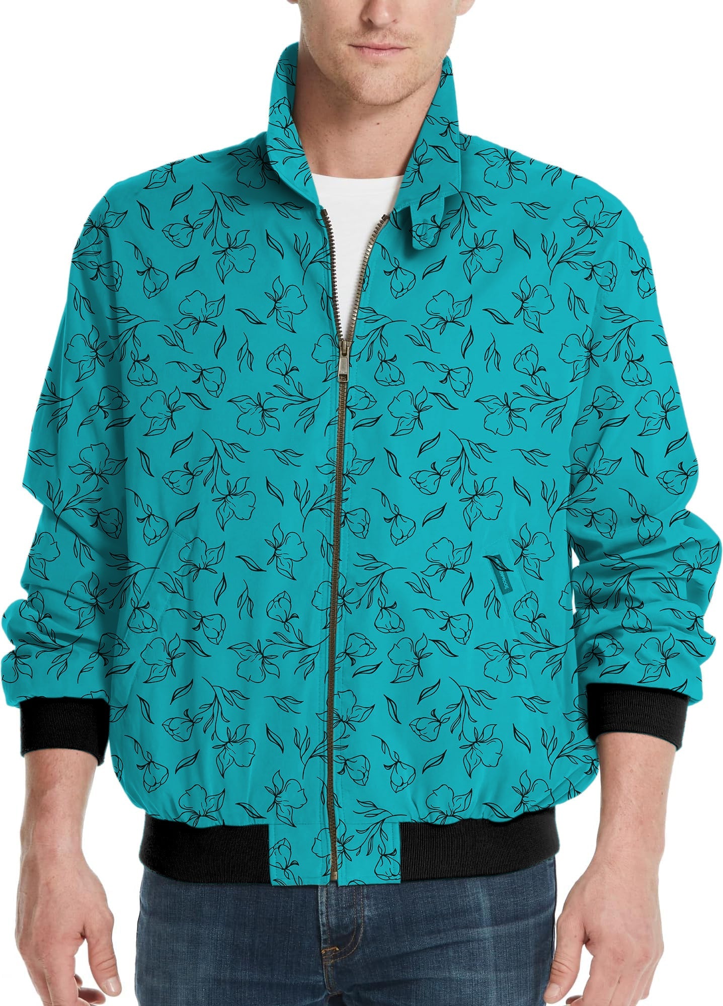 Men's flowers teal golf windbreaker jacket with black floral pattern and zipper closure