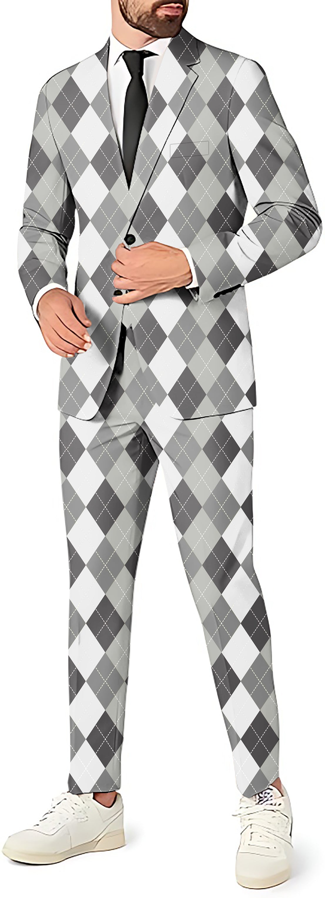Grey argyle men's party suit with blazer, pants, and vest set for theme events