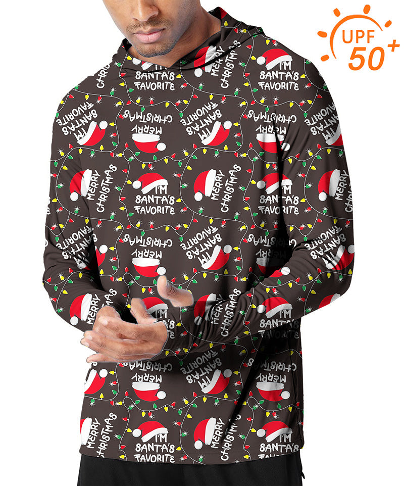 Men's outdoor Christmas hat slim fit hooded sun protection shirt with festive print and UPF 50+ protection