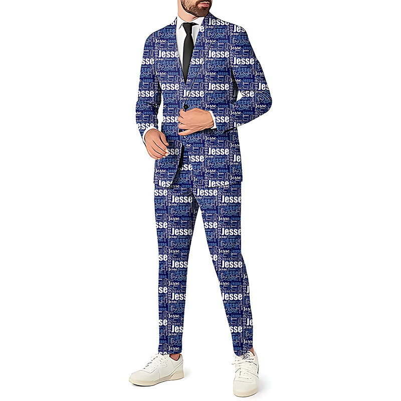Custom Repeat Name Men's Party Suit Set with Blazer, Pants, and Vest in Blue