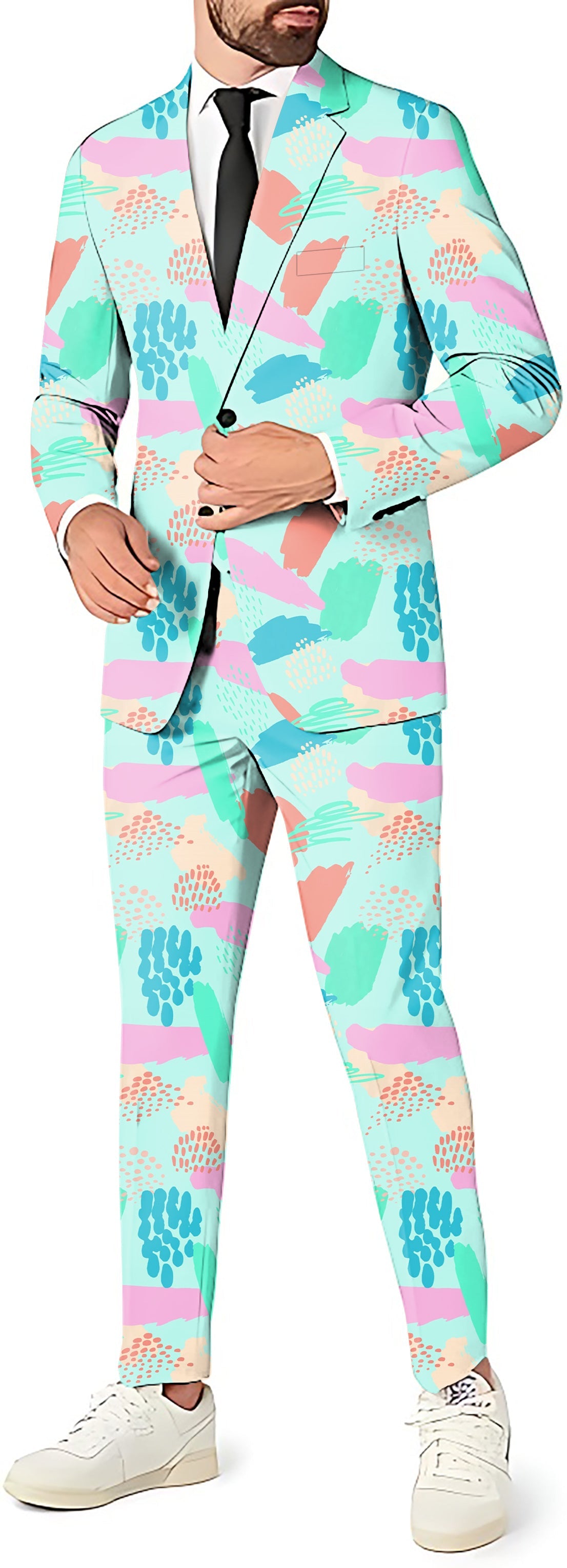 Graffiti men's party suit set with blazer, pants, and vest in pastel colors and abstract patterns