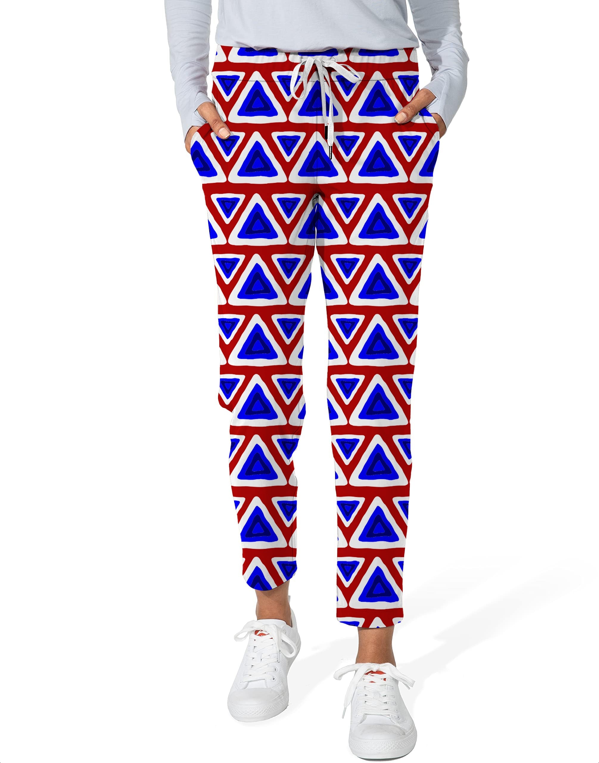 Women's 7/8 stretch ankle golf pants with blue and red triangle tribal pattern