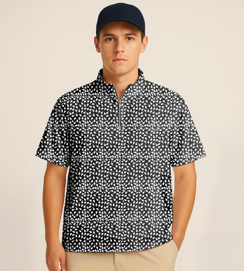 Men's half zipper turtleneck golf short sleeve shirt with black and white pattern and middle finger embroidery