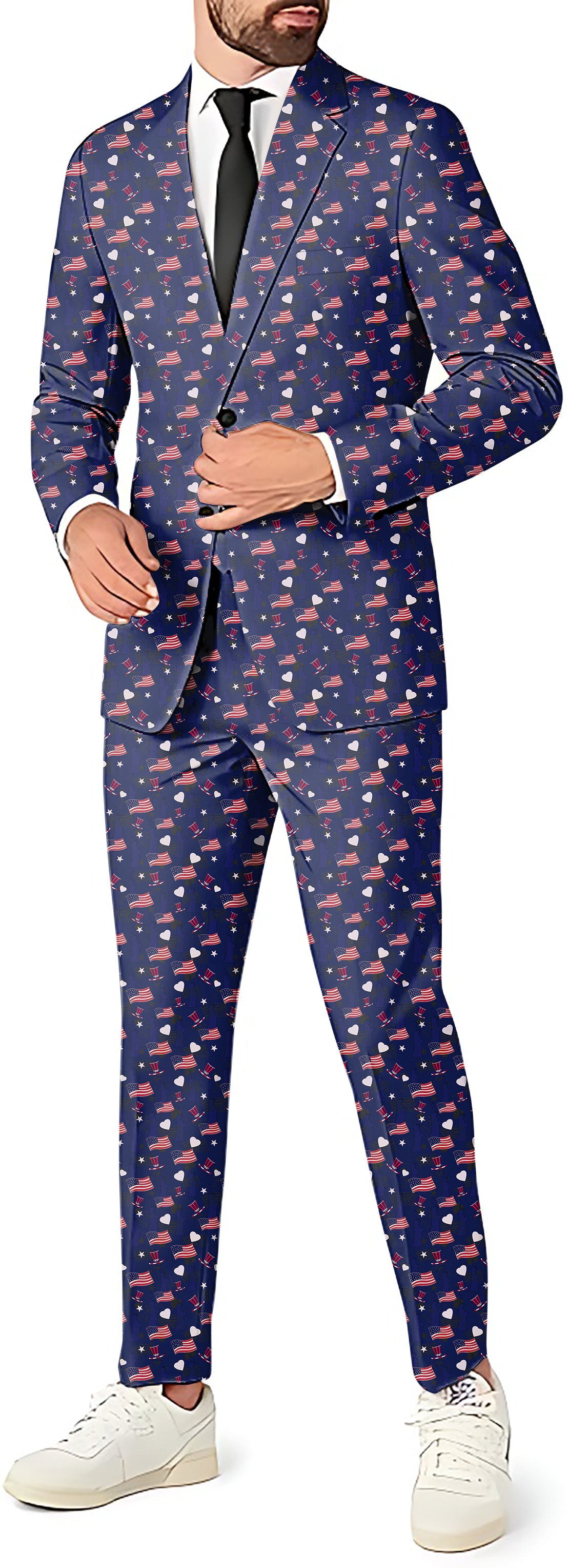 Men's Liberty-themed blazer, pants, and vest party costume set with slim fit and button closure