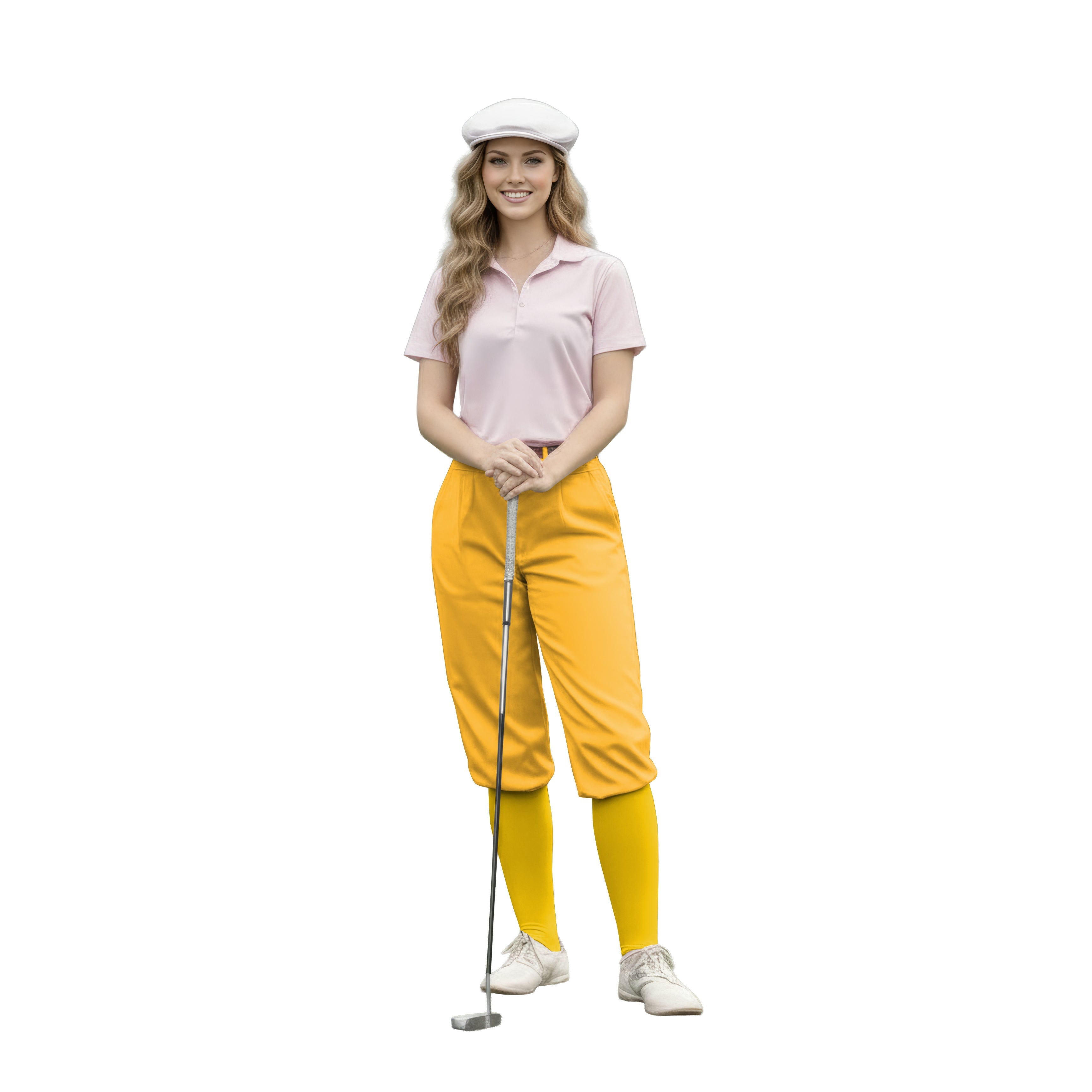 woman golfer wearing pure lemonade womens golf knickers yellow pants and pink polo shirt holding golf club