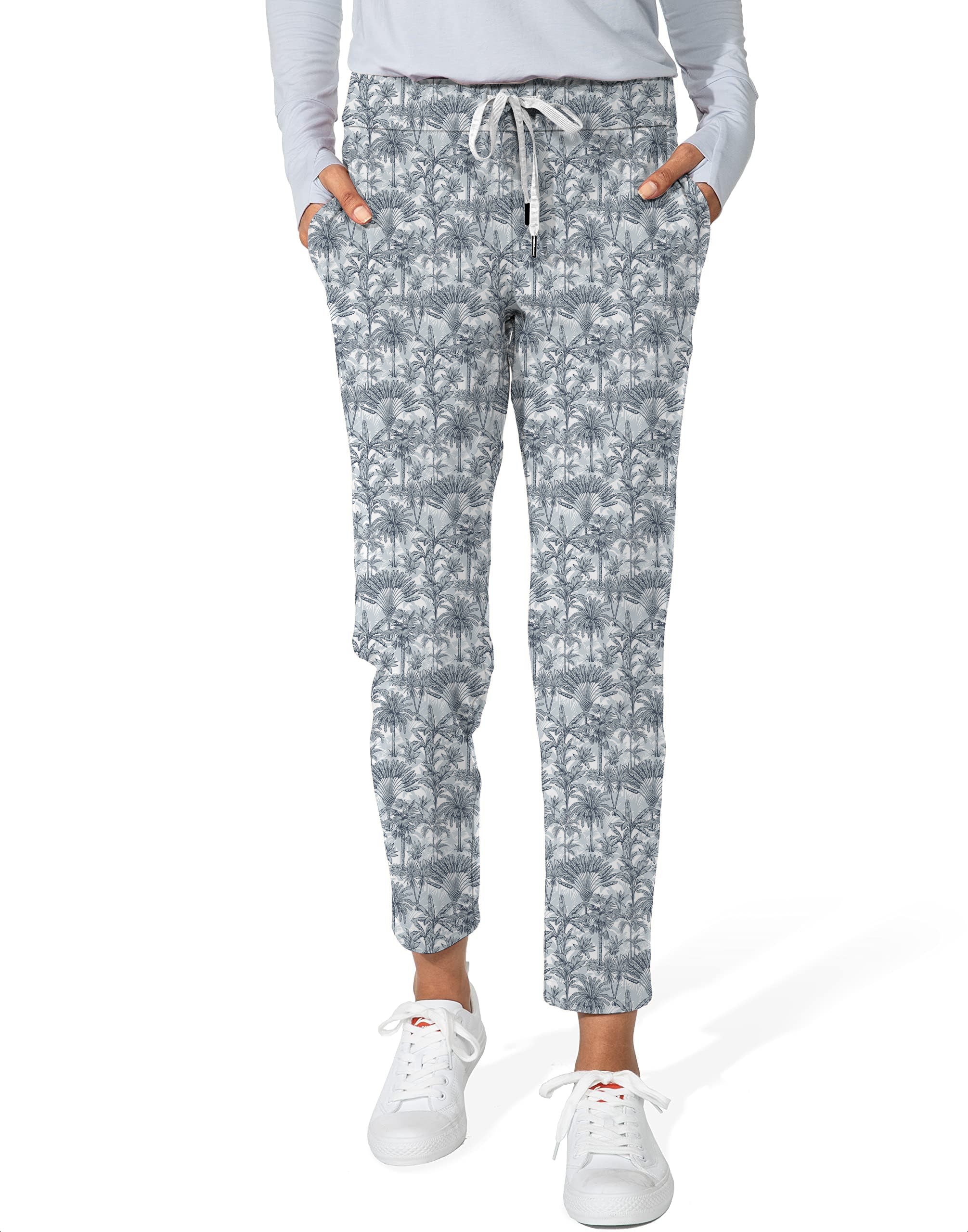 Women's Twilight Palms 7/8 stretch ankle golf pants with palm tree print and drawstring waist