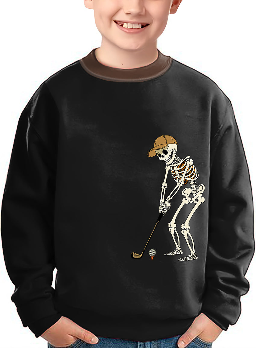 Yellow Black Brown Halloween Skeleton Golf Crewneck Pullover Kids Ugly Sweater
