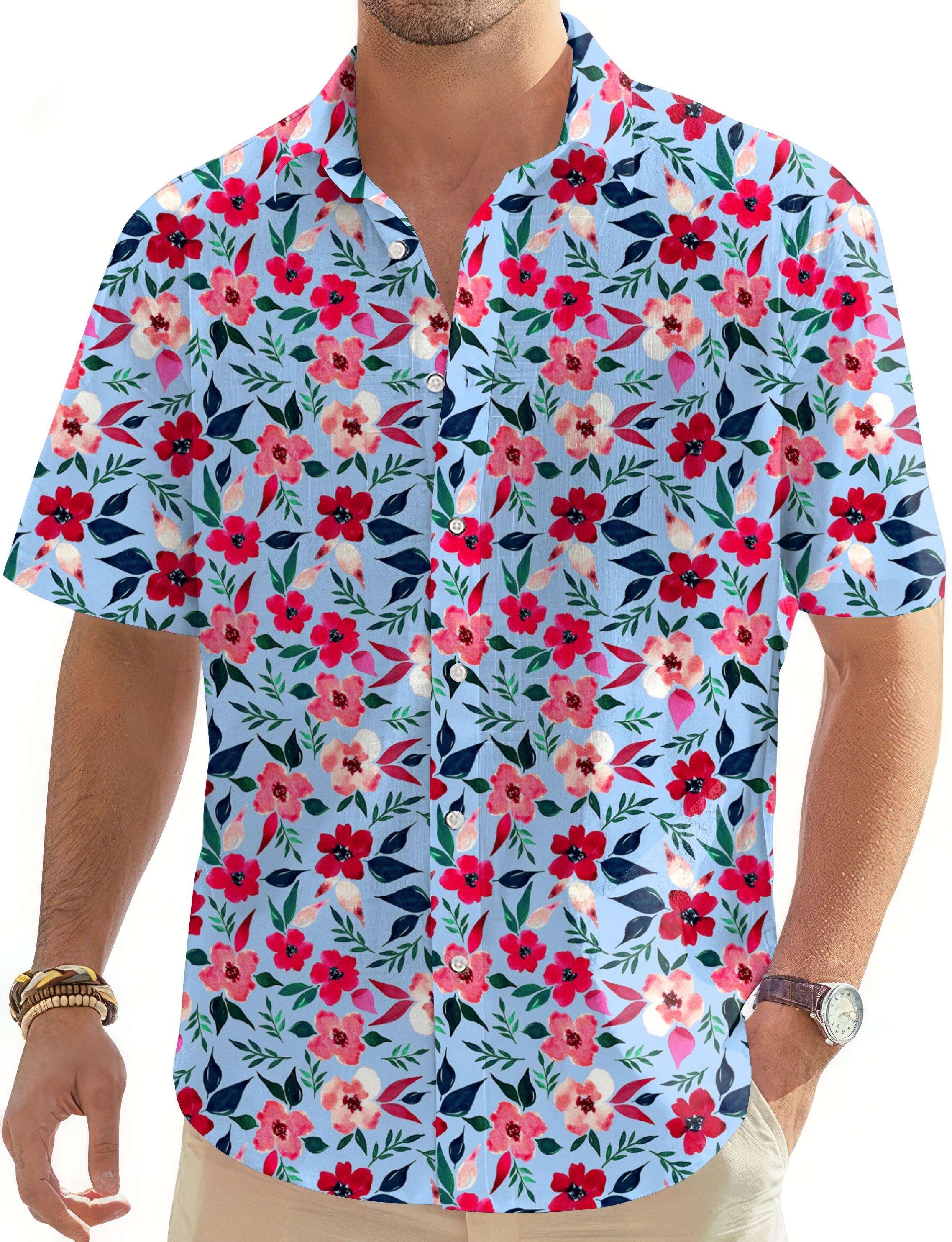 Men's tropical flowers Hawaiian shirt with button-down front and short sleeves