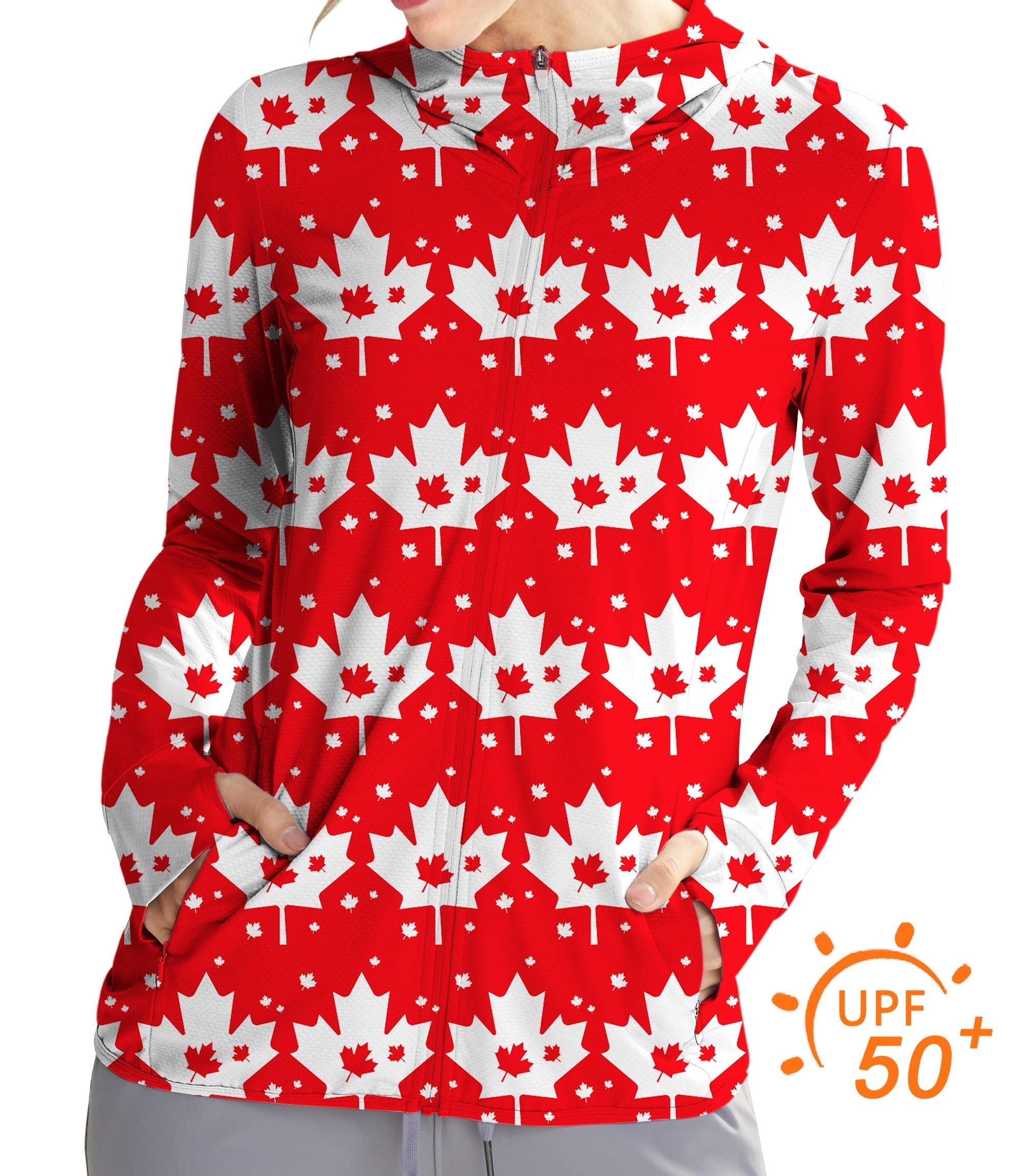 Women's outdoor Canadian maple leaf sun protection slim fit zip hoodie with UPF 50+ and thumb holes