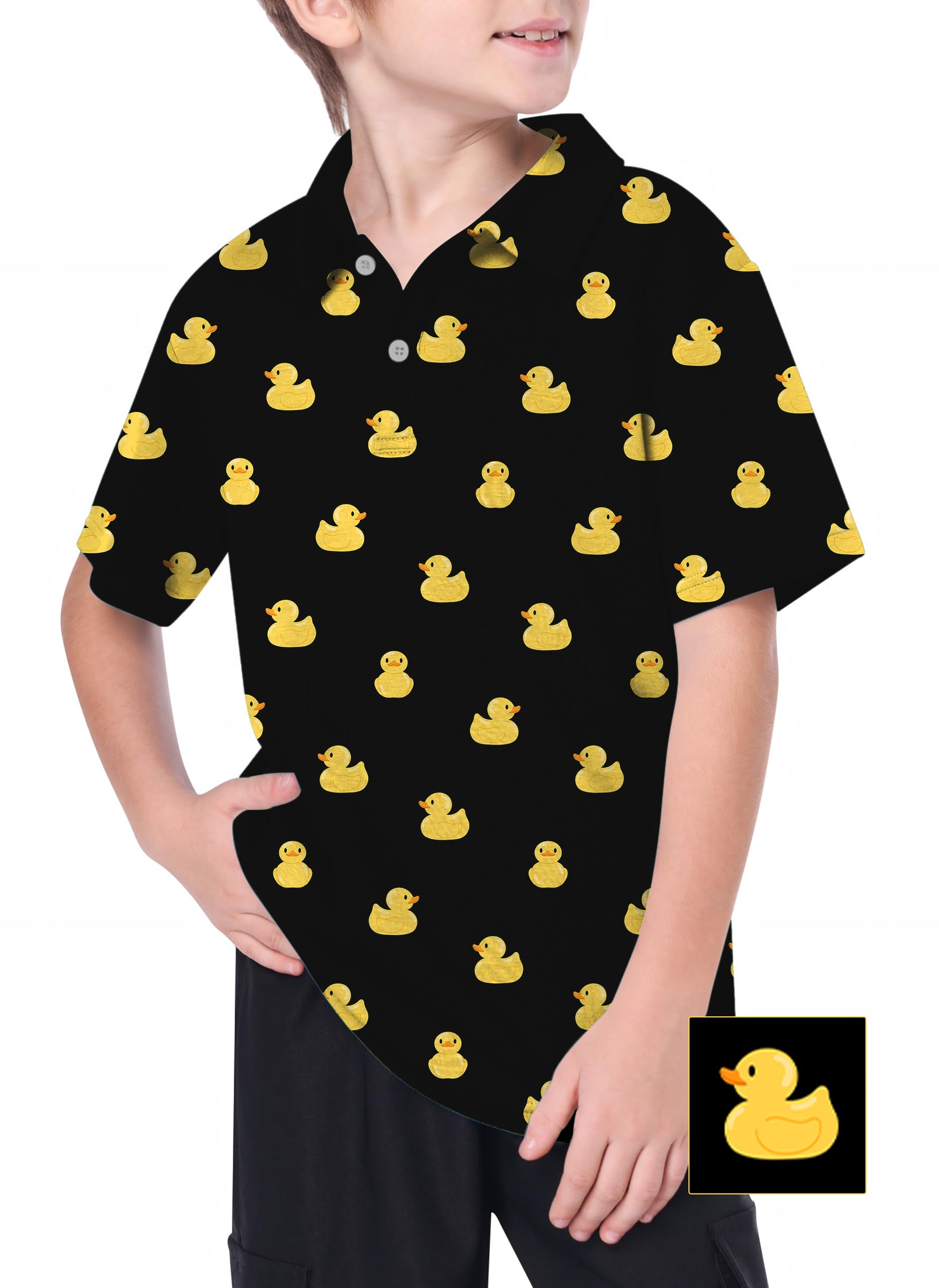 Youth Yellow Rubber Duck golf polo shirt with black background and yellow rubber duck pattern