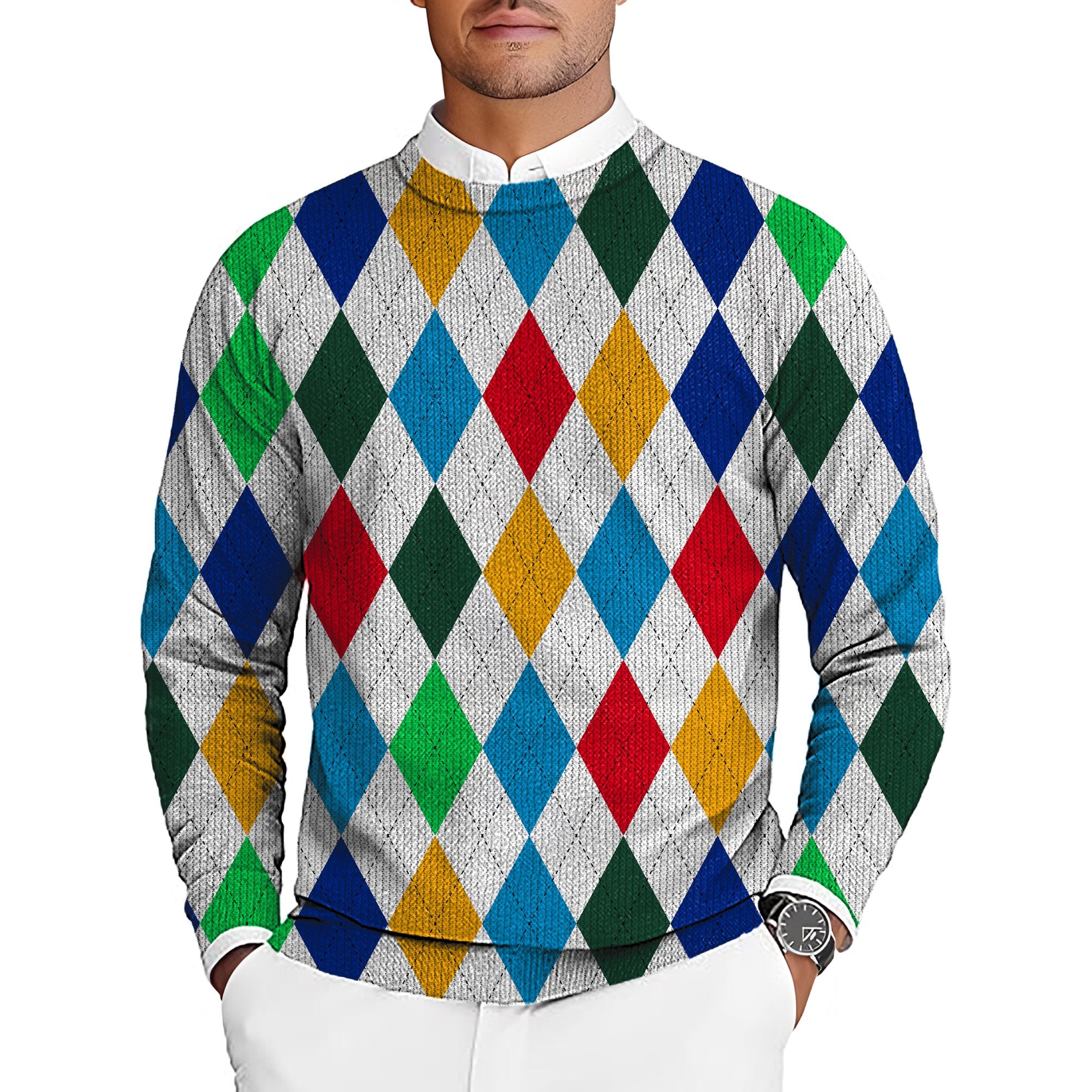 Colorful men's golf crewneck pullover sweater with argyle pattern for custom team uniforms