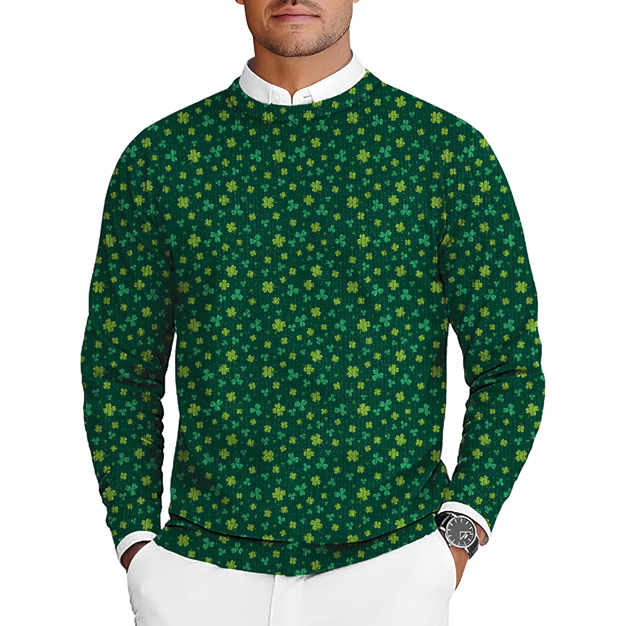 Men's green leaf clover St. Patrick's Day golf crewneck pullover ugly sweater