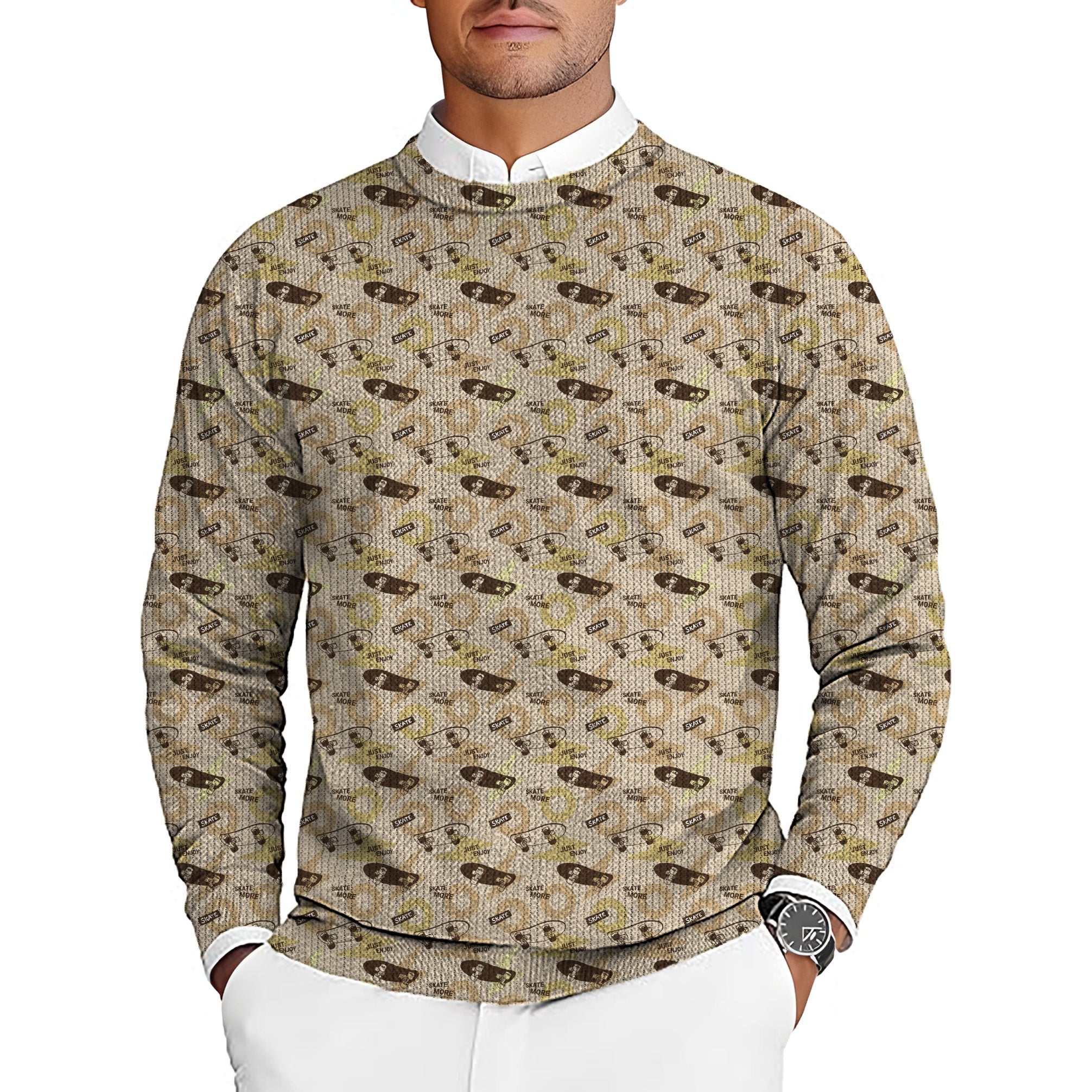 Khaki Skate More men's golf crewneck pullover sweater with patterned design