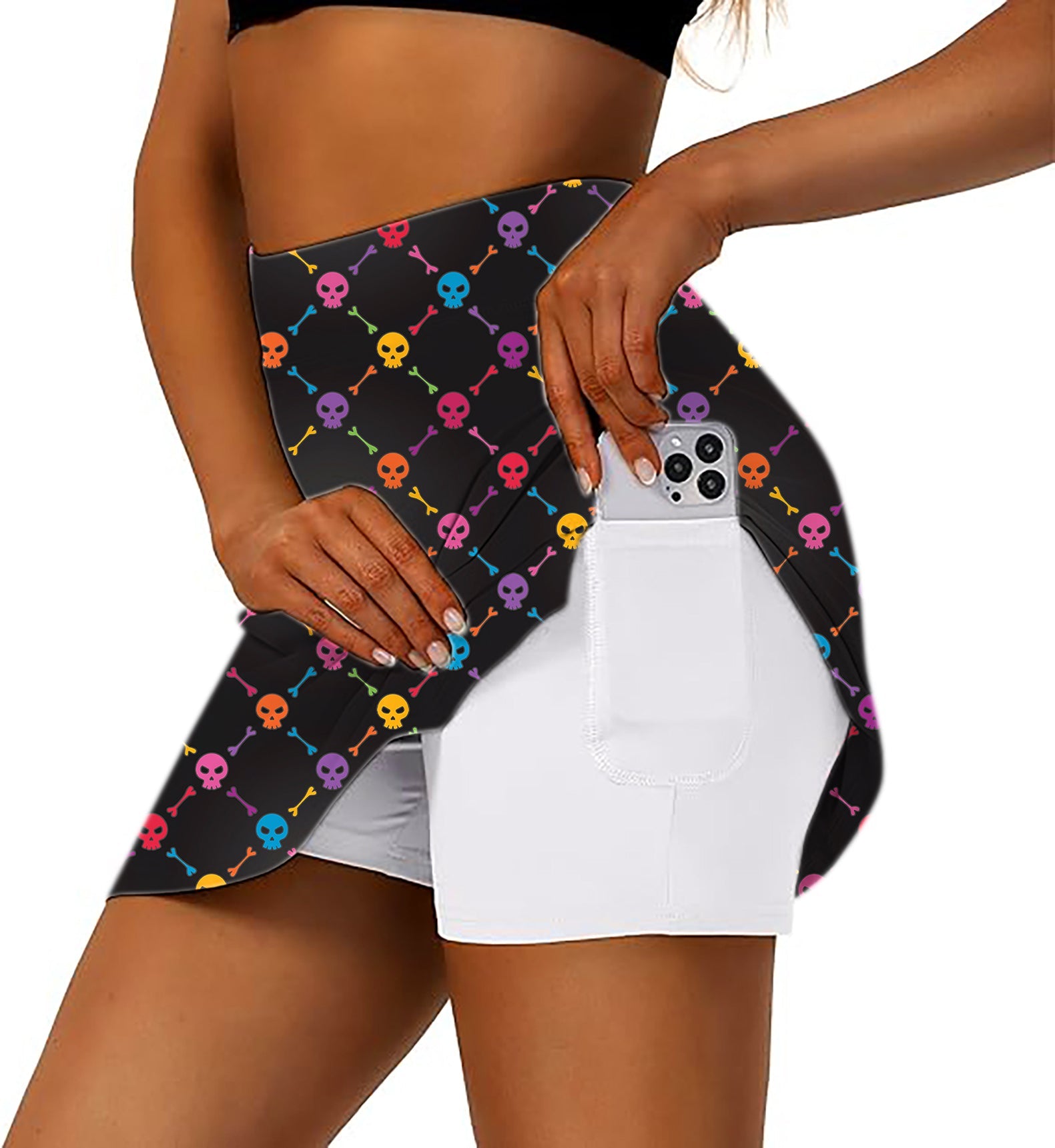 Women's Halloween colors skull bones golf skirt with inner shorts and phone pocket