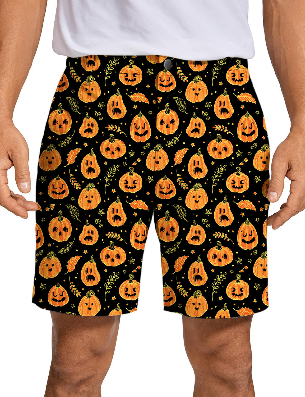 Men's Halloween kawaii pumpkin bones golf shorts with playful orange jack-o-lantern pattern on black background