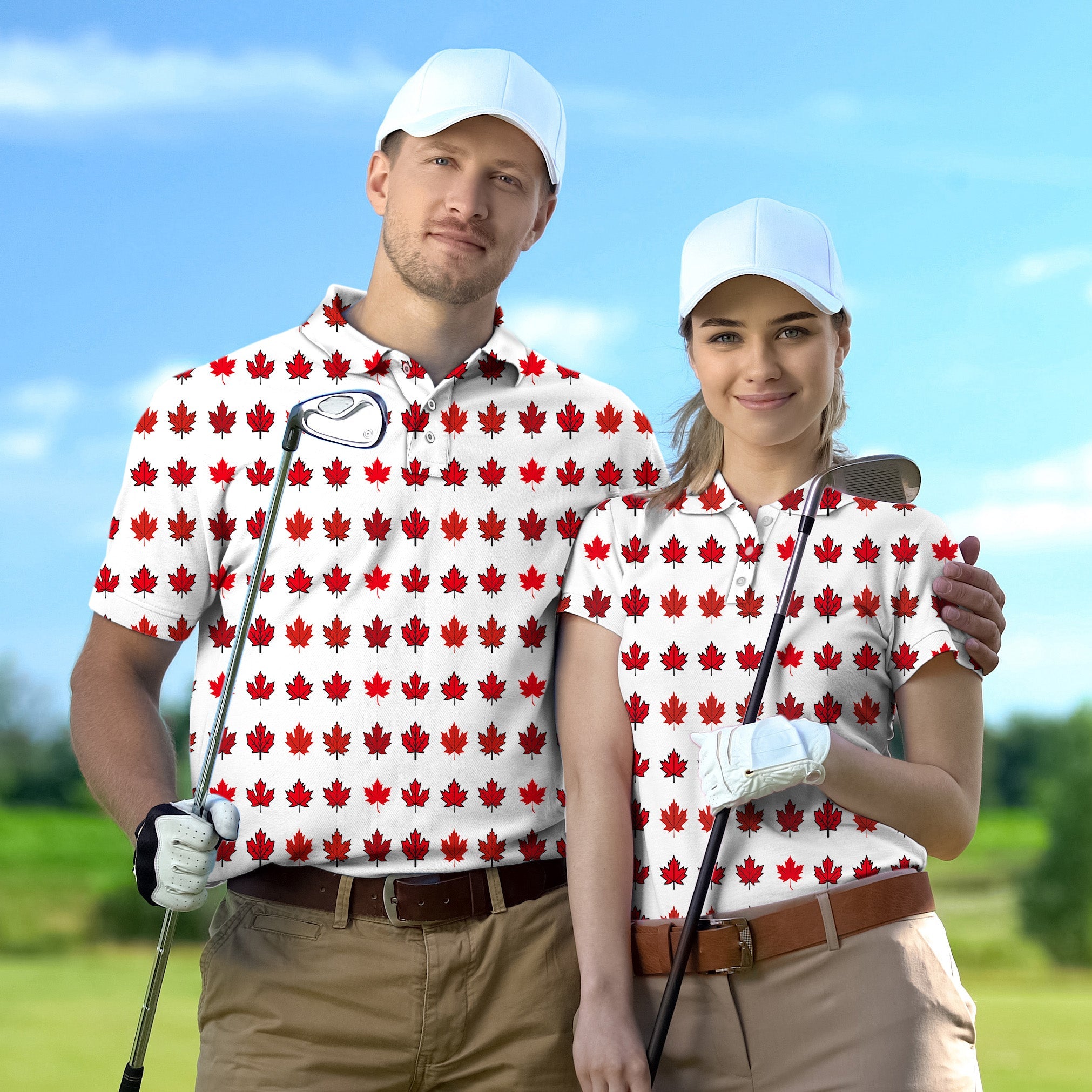 Couple wearing Canada red maple leaf pattern golf shirts on golf course