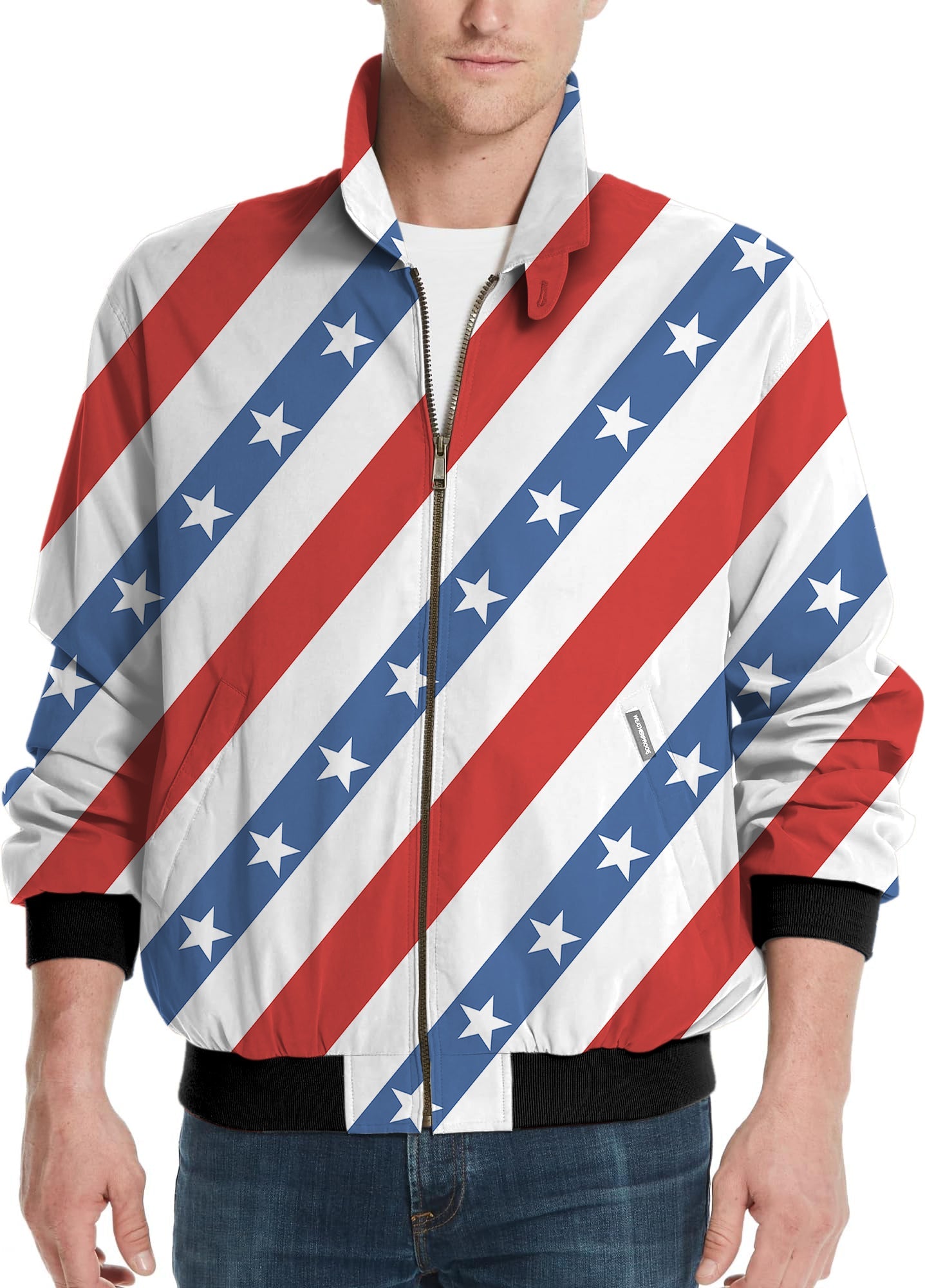 American President Day men's golf windbreaker jacket with red, white, and blue stars and stripes design