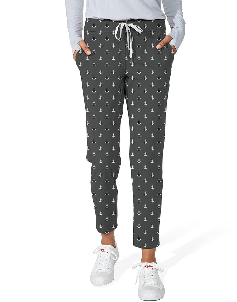 Black Anchor Women's 7/8 stretch ankle golf pants with anchor pattern, elastic waistband, drawstring, and side pockets.