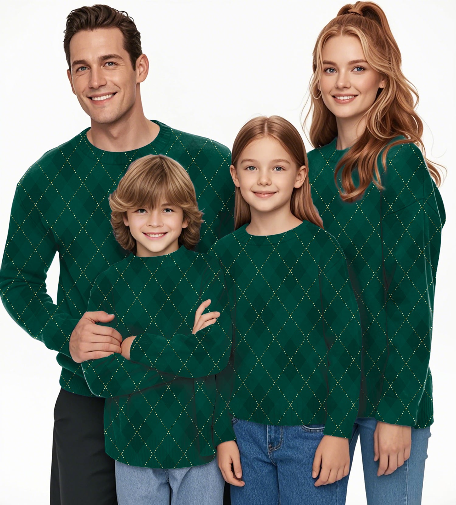 Green diamond grid Crewneck Pullover Ugly Sweater Men Women boy girl family