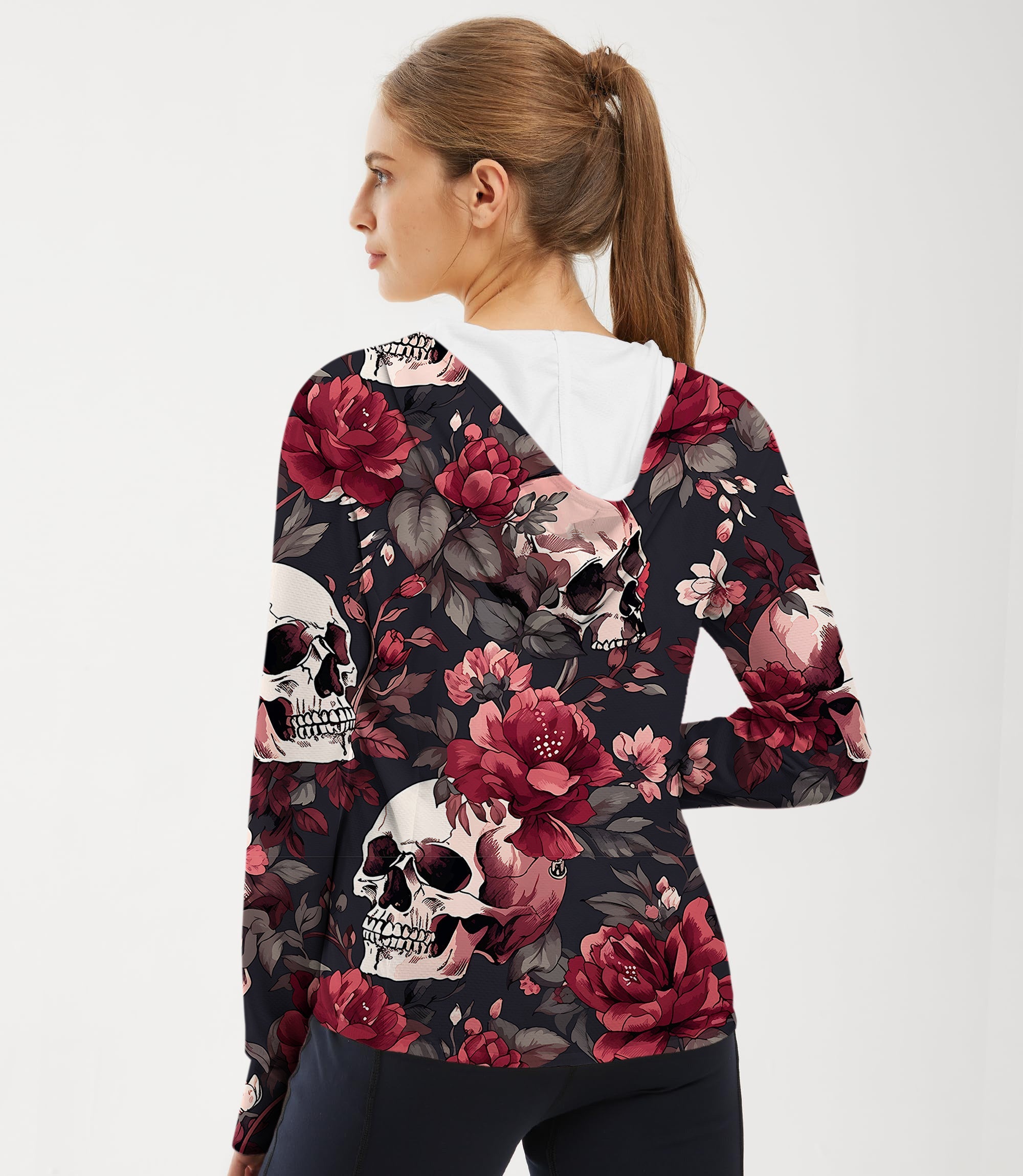 Women's outdoor Halloween hoodie with floral skull design and sun protection