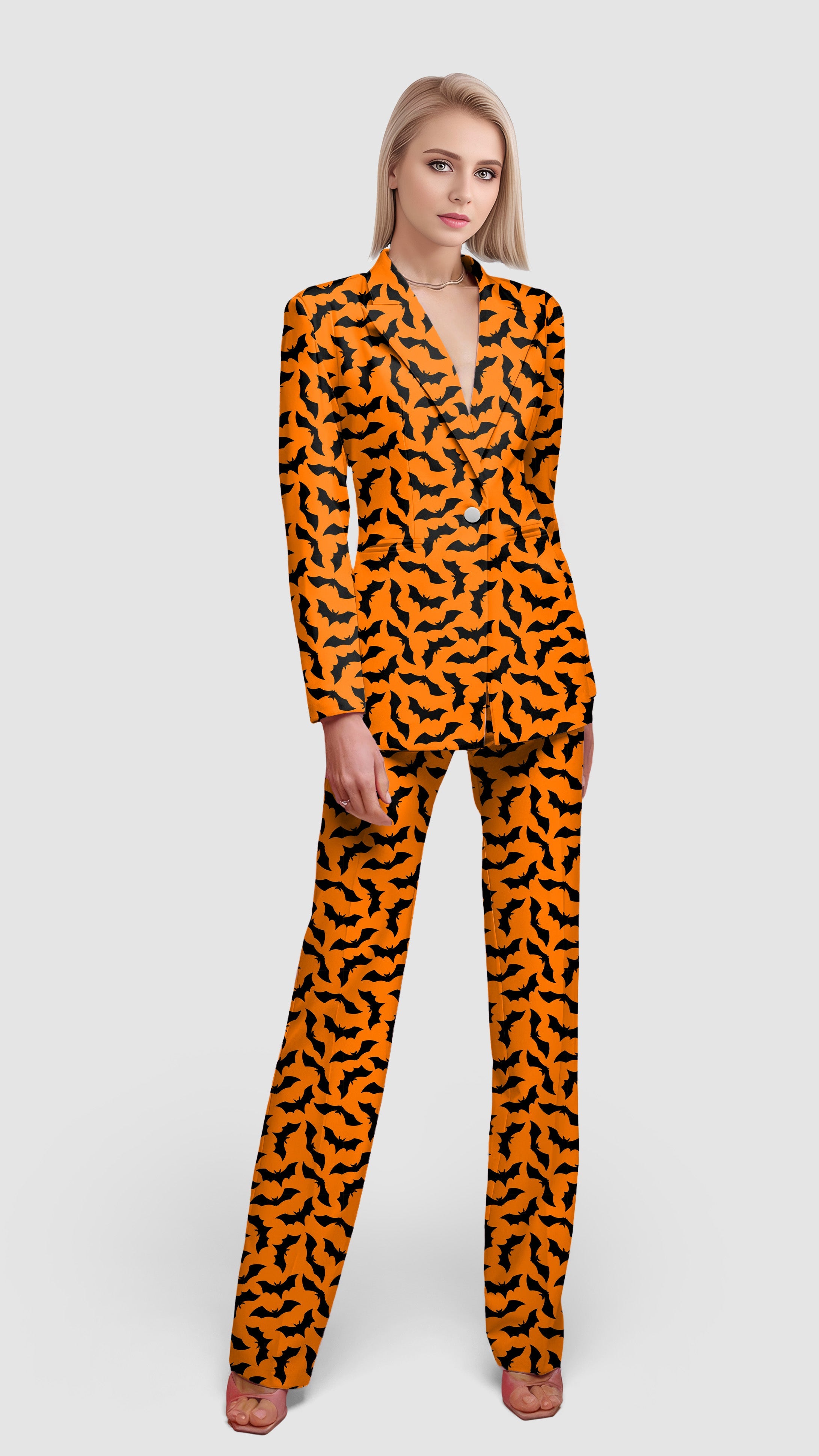 Women’s Halloween Bat Custom blazer and pants suit set in orange with black bat pattern, casual work office style.