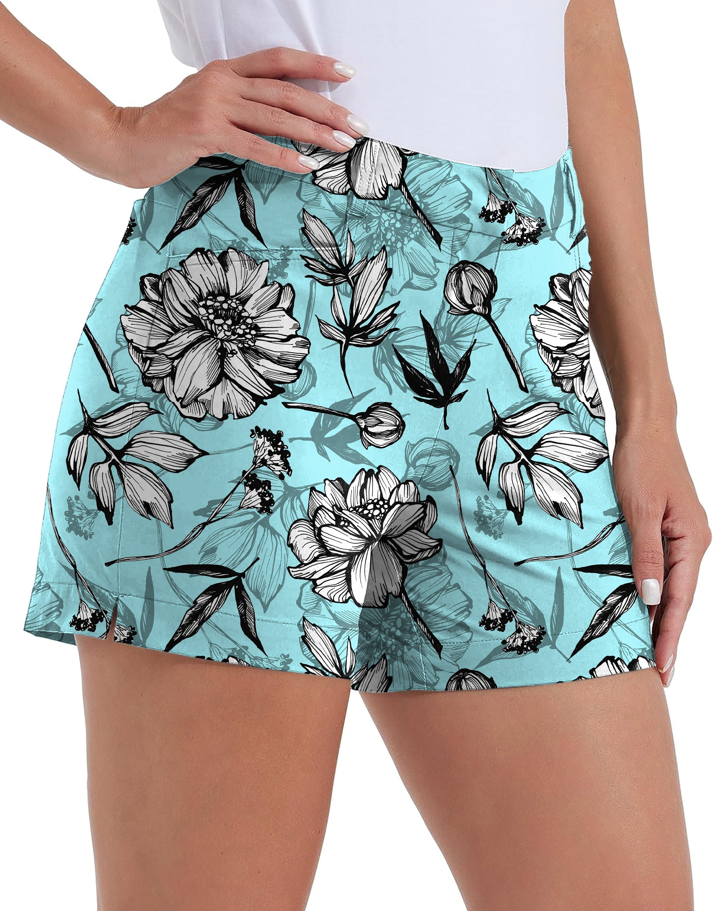 Blue Tropics polo women's quick-drying golf shorts with black and white floral print and pockets