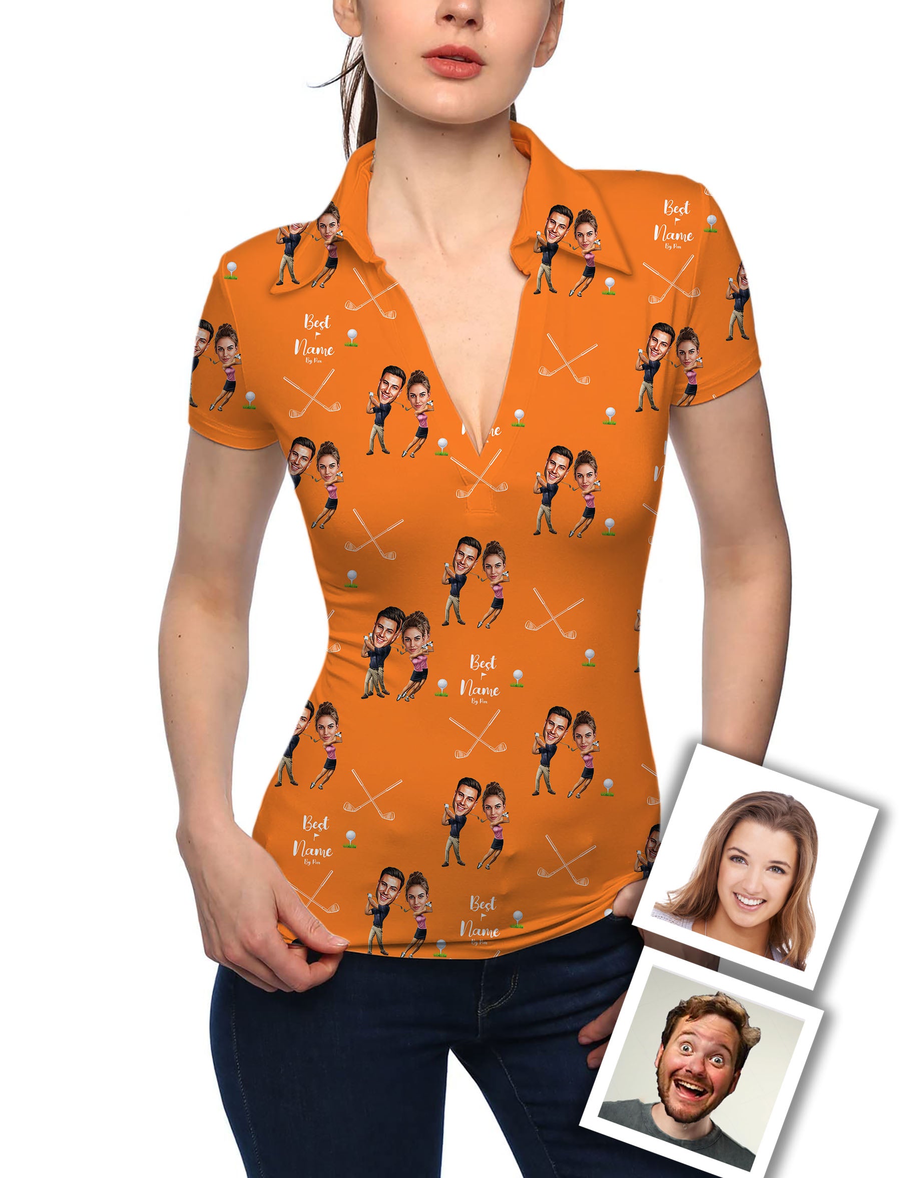 Women's Custom Couple Photo Face & Name V Neck Golf Polo