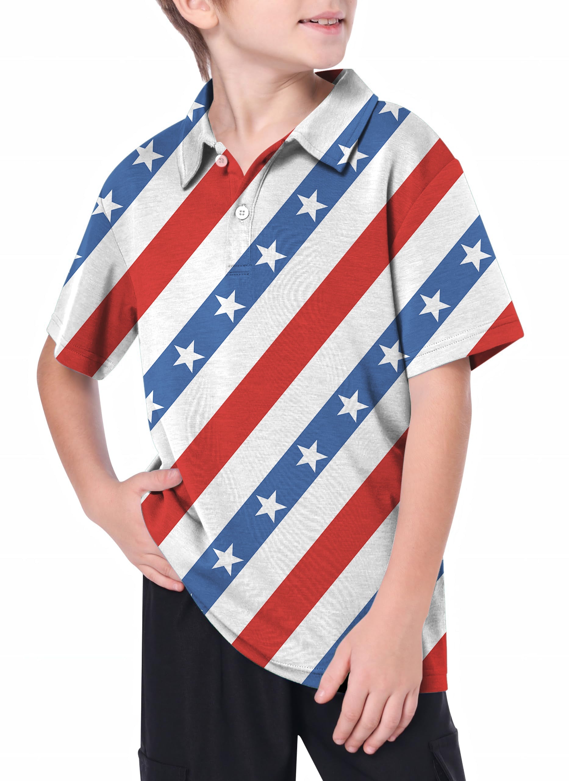 Youth American President Day golf polo with red, white, and blue patriotic stripes and stars design for kids