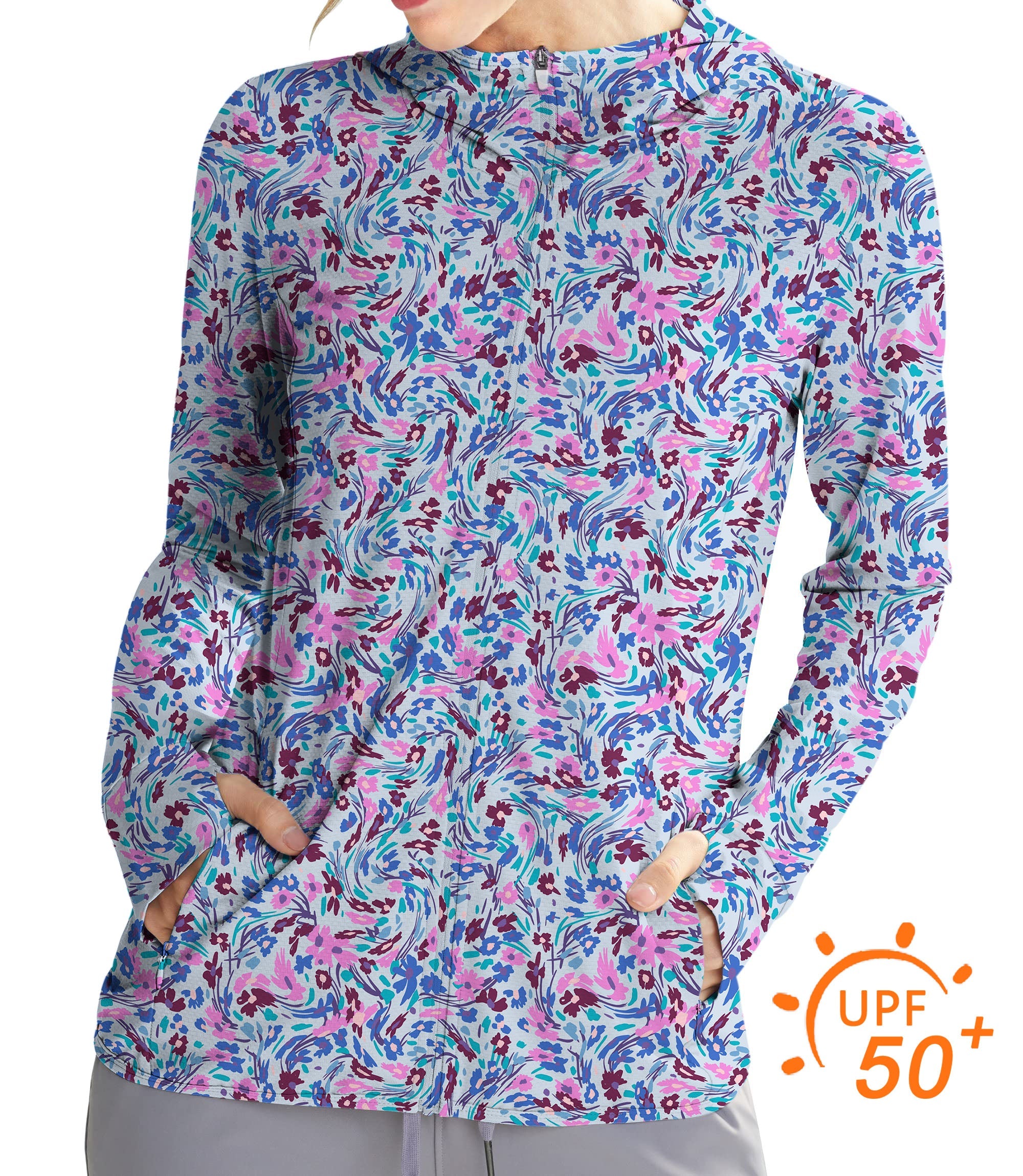 Women's outdoor flower print slim fit zip hoodie with UPF 50+ sun protection