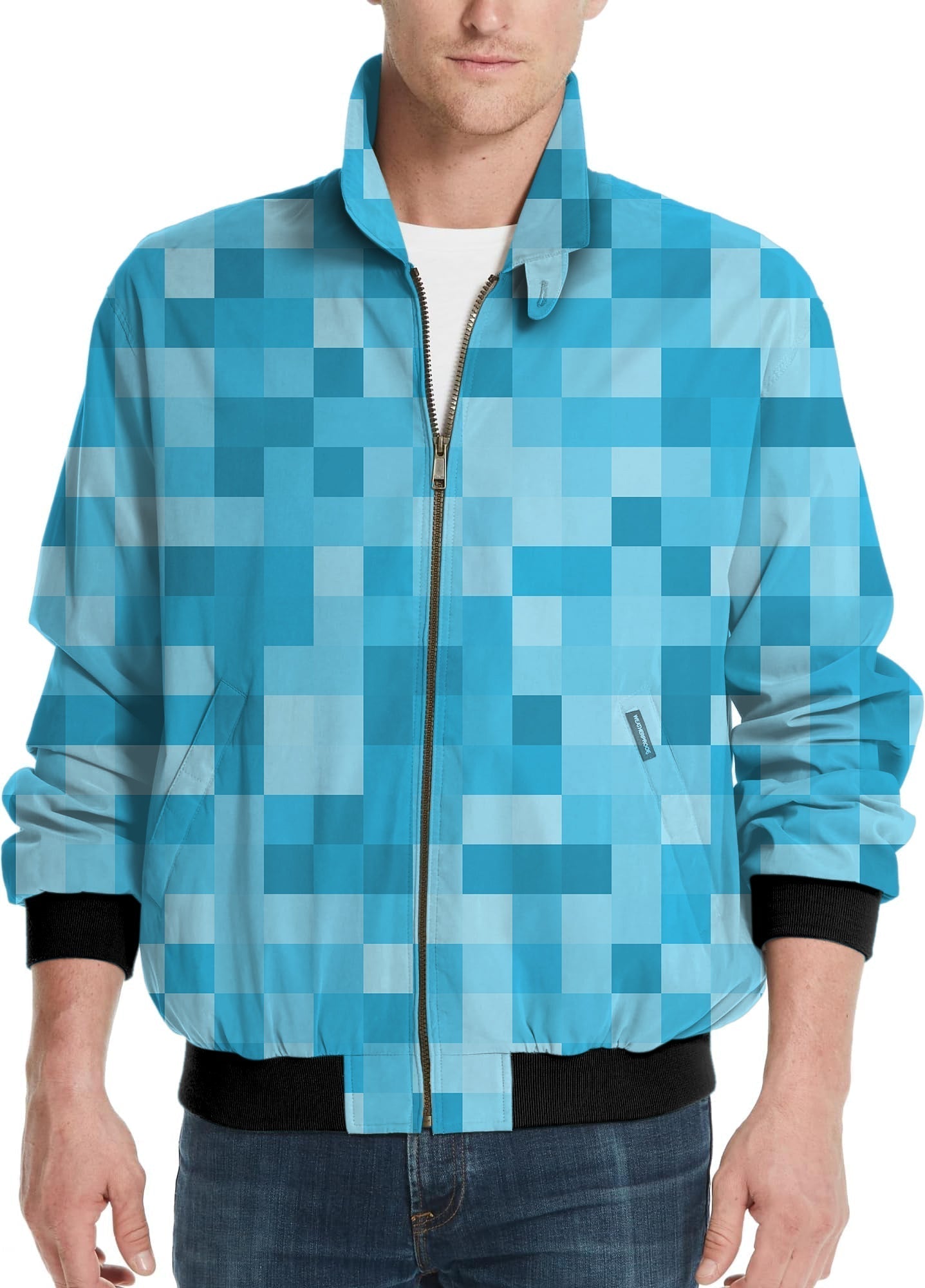 Blue Pixel Big Men's golf windbreaker jacket with pixel pattern and zipper closure