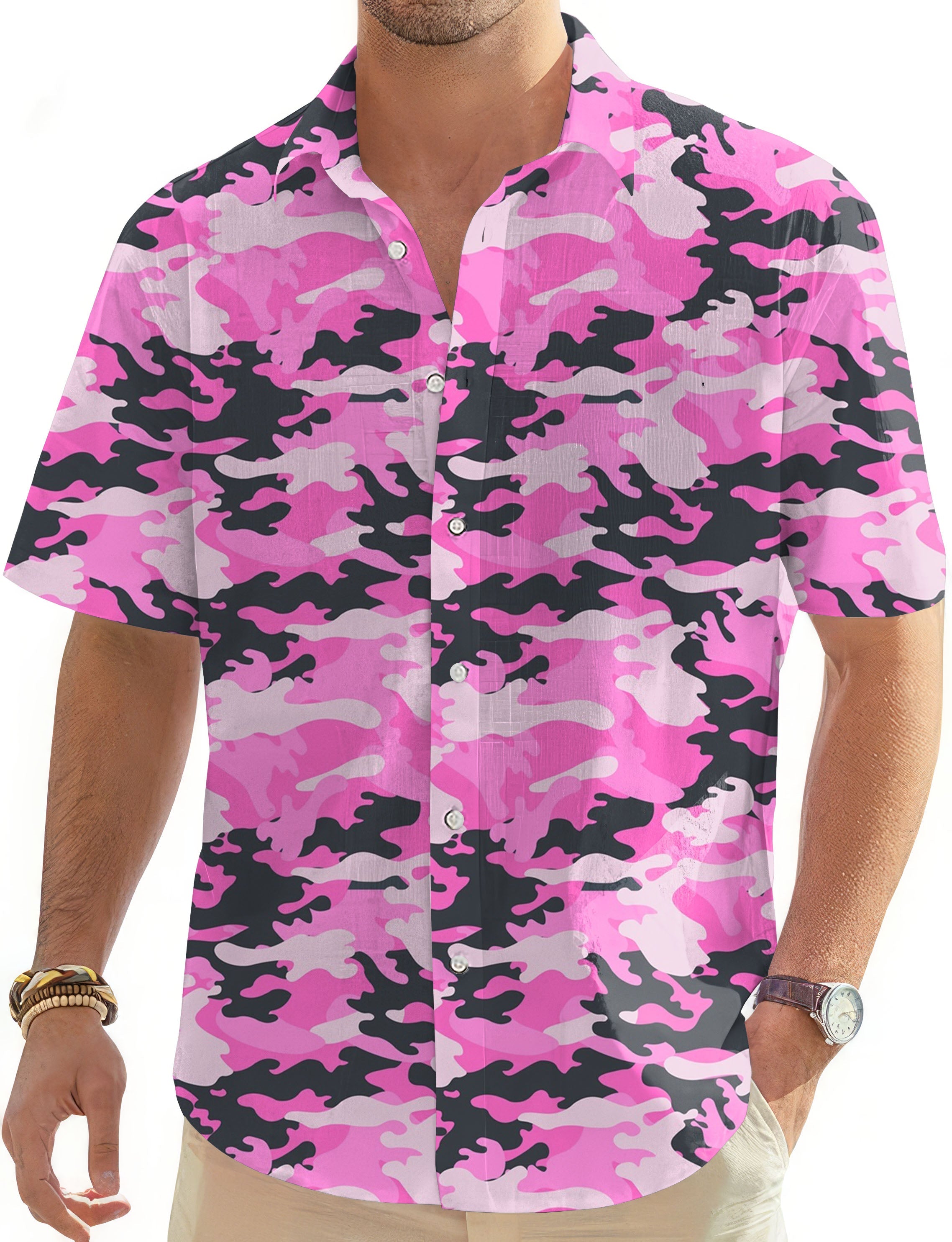 Men's pink camo Hawaiian golf button-down shirt with short sleeves and classic collar