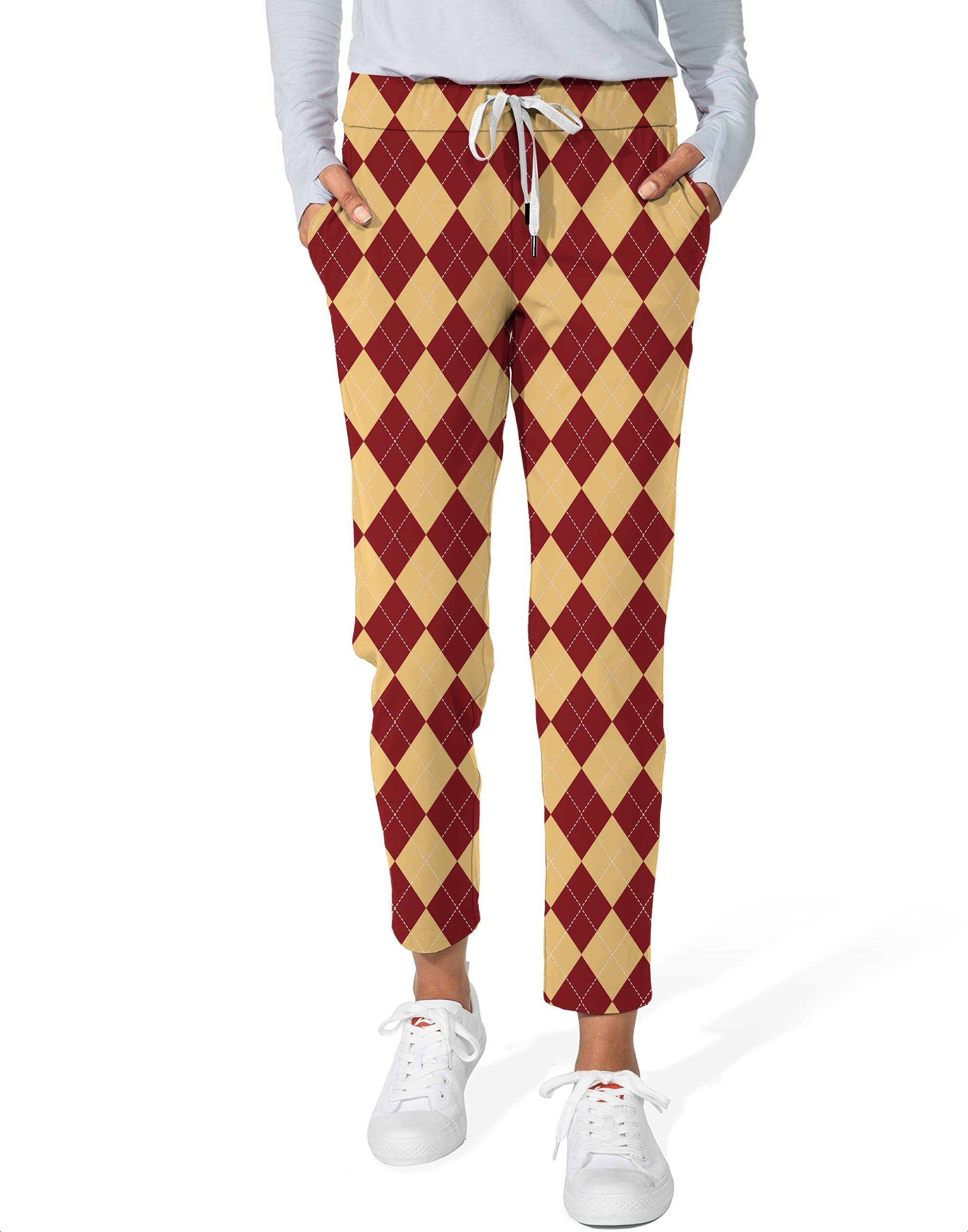yellow red Argyle-Women's 7/8 stretch ankle golf pants with drawstring waist