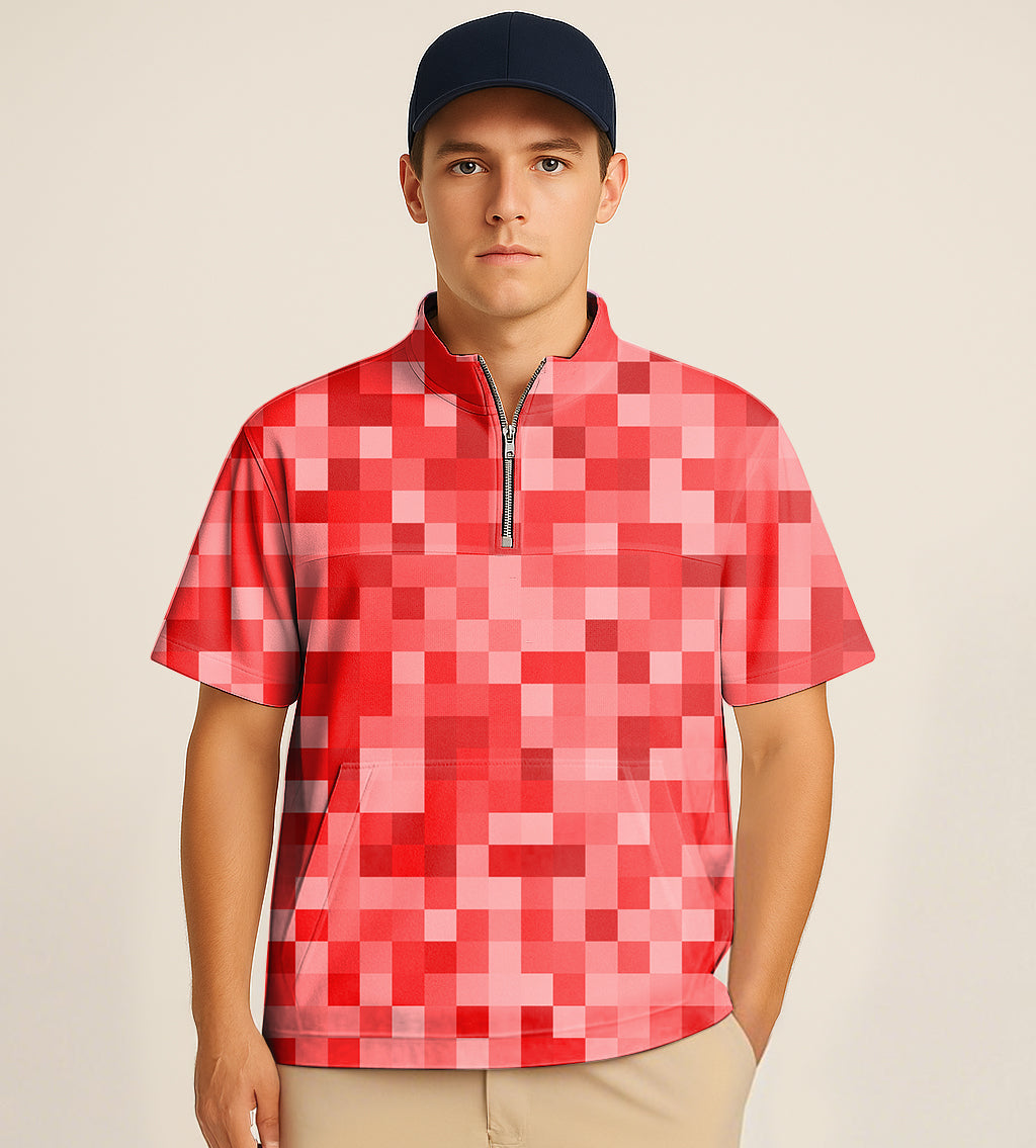 Man wearing red pixel design half zipper turtleneck golf short shirt with embroidery and navy cap