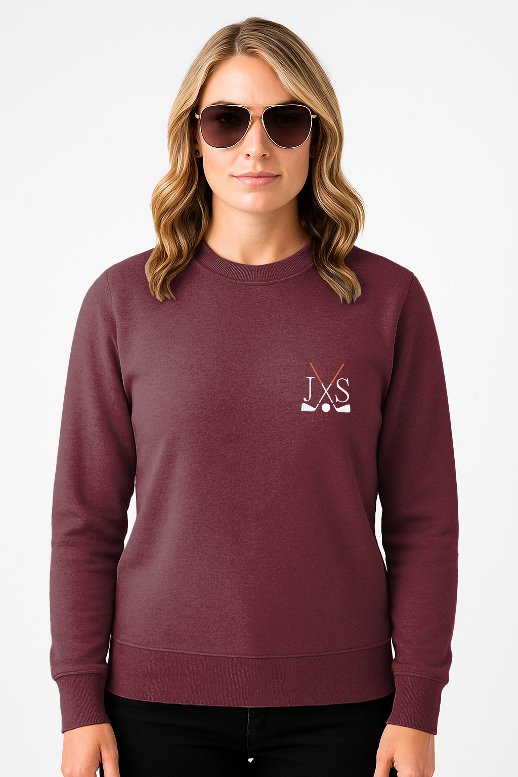 Embroidery solid color dark red plus size women's crew neck sweatshirt with golf club initials design