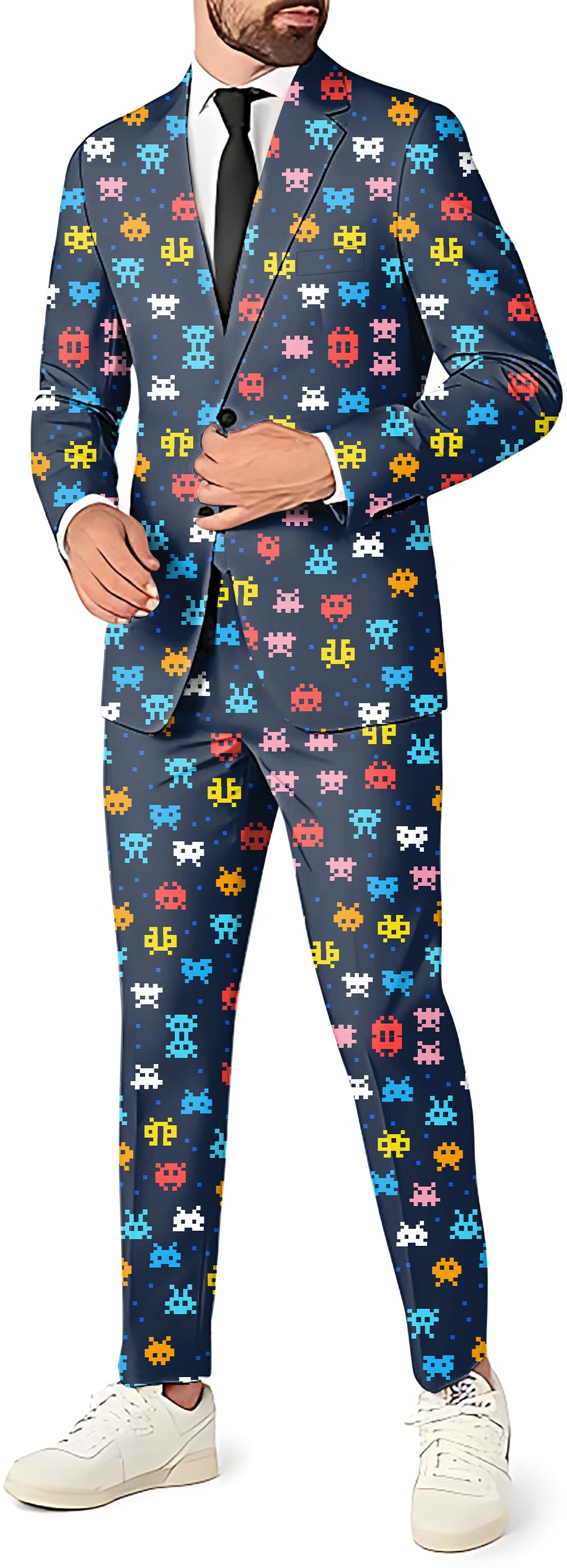 Good Ol Game Men?¡¥s party costume suit set with blazer, pants, and vest in colorful space invader pattern