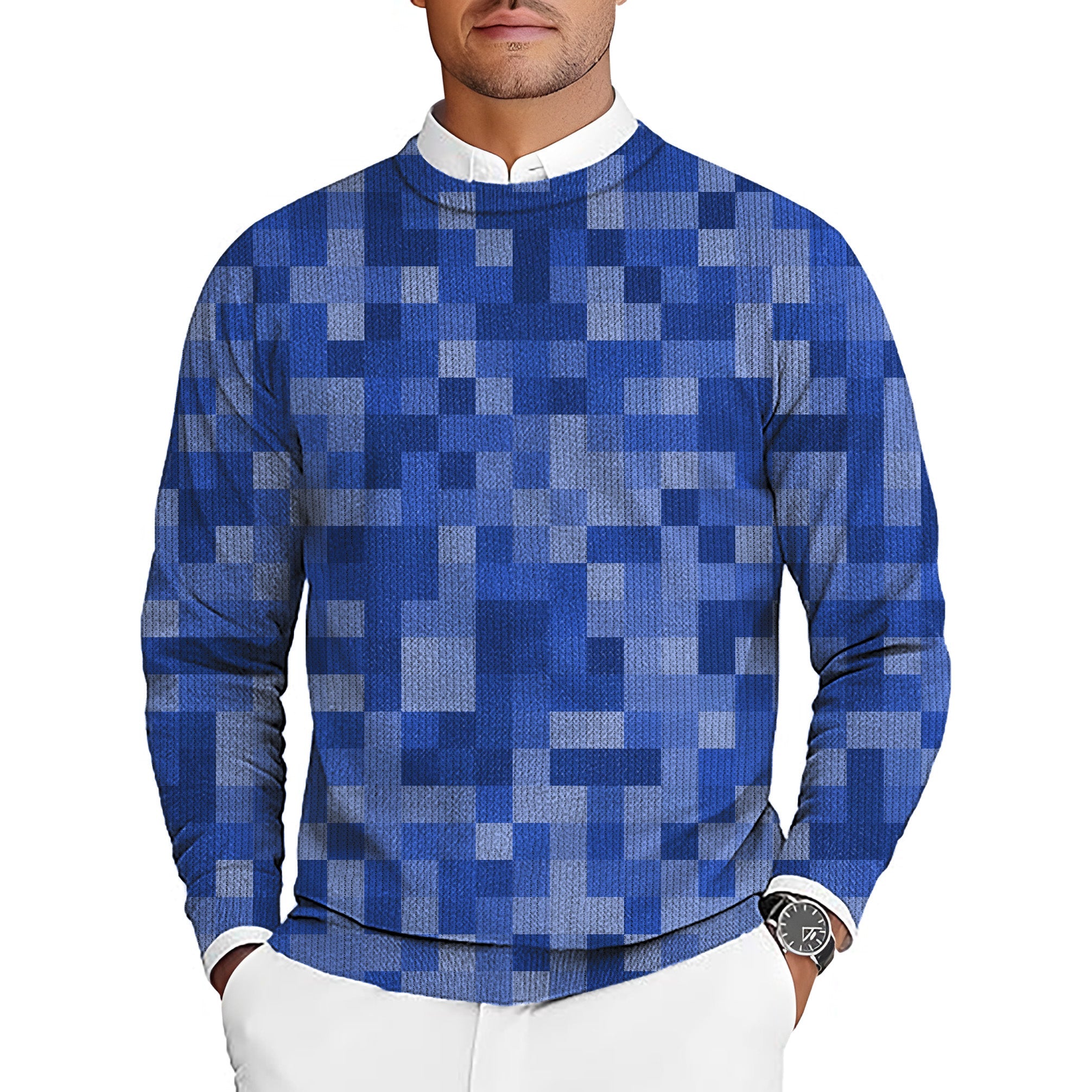 Navy blue pixelated pattern men's golf crewneck pullover sweater