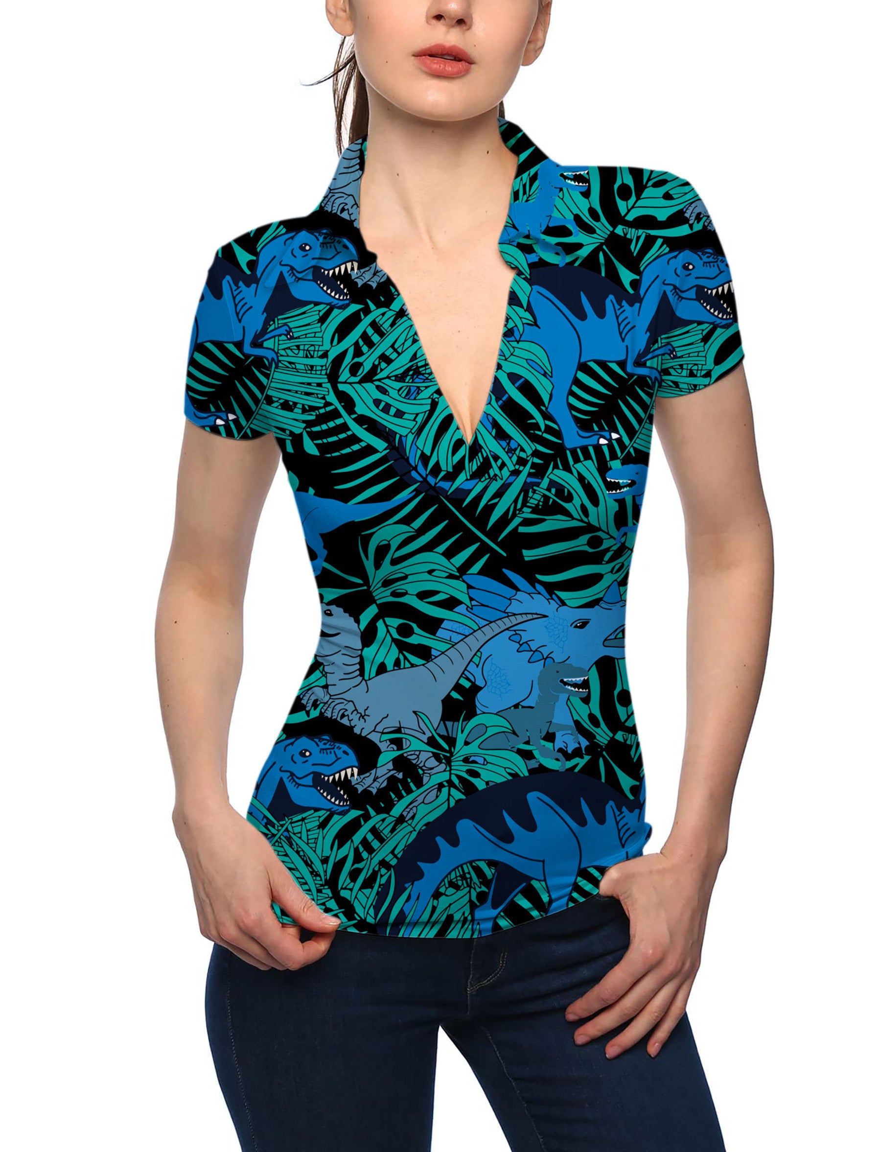 Women's T Rex Jungle V Neck Golf Polo