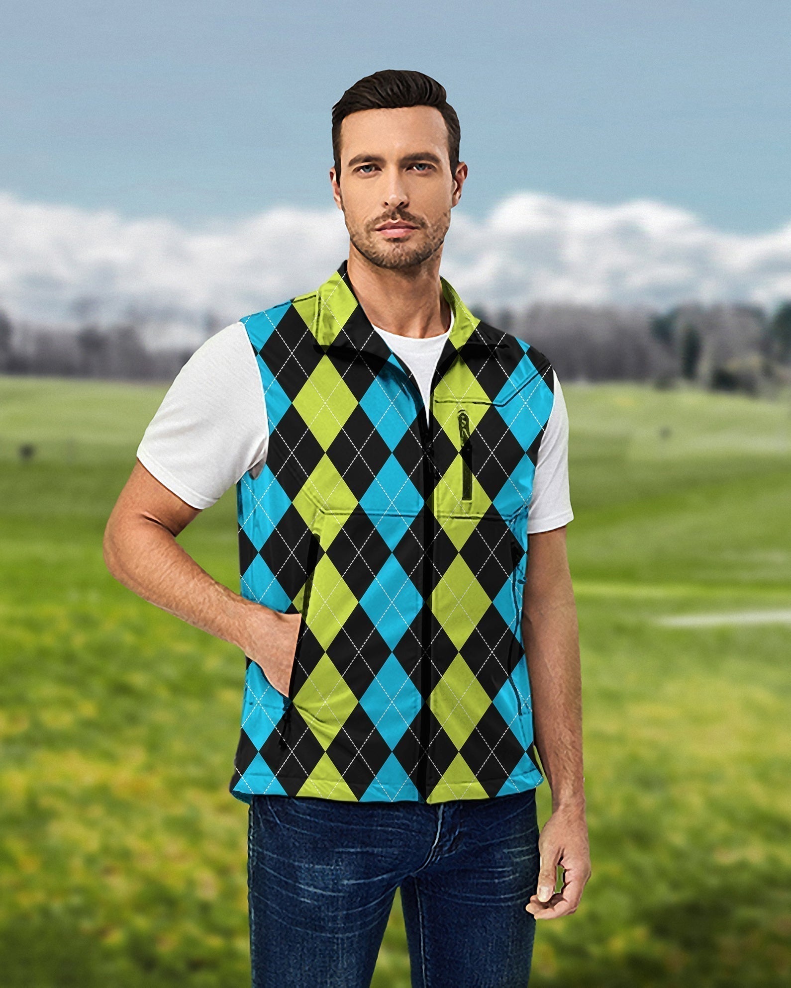Men's Halloween black green blue argyle lightweight softshell sleeveless vest jacket for golf windproof waterproof