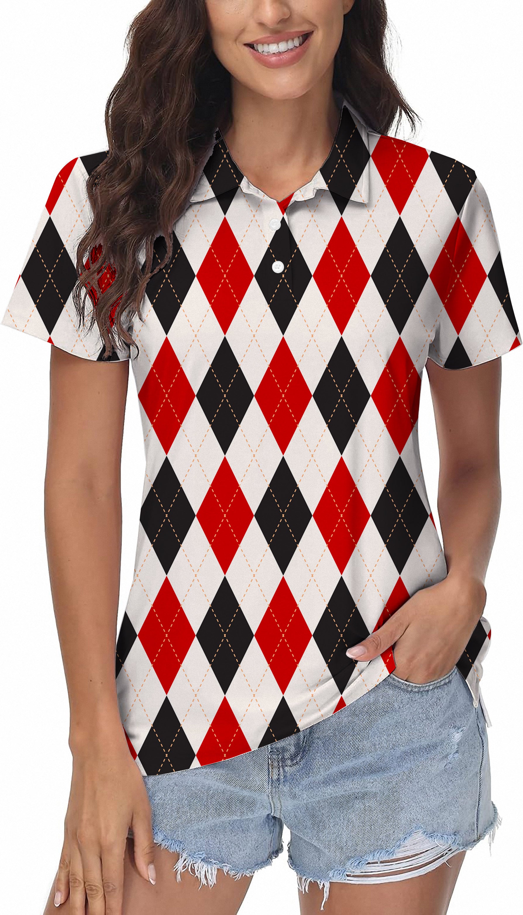 Argyle Red black grid Women's Golf Polo