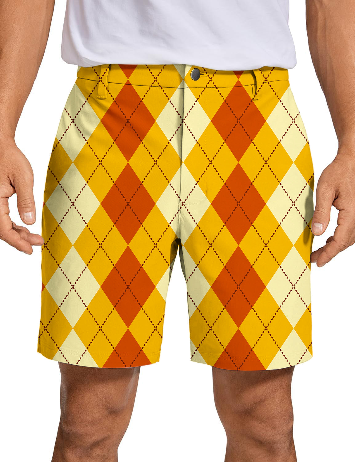 Men's Halloween light yellow and red argyle golf shorts with breathable, quick-dry fabric and two-way stretch.